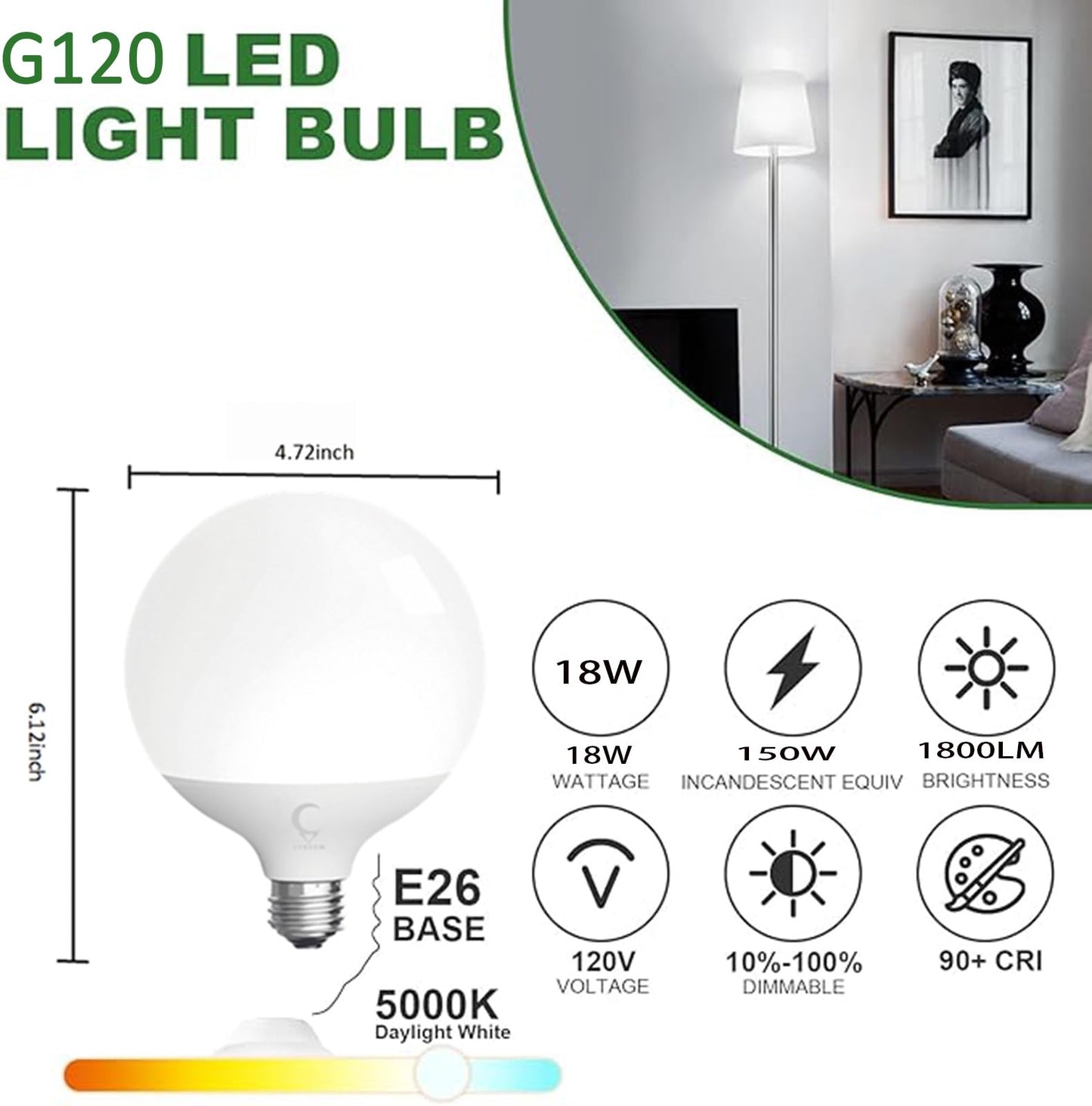 LVHEOM LED Globe Bulb, 150W Equivalent Light Bulbs, 18W 5000K Daylight, 1800 Lumens Non-Dimmable LED Bulb, E26 Standard Base (18W 5000K 1pack)