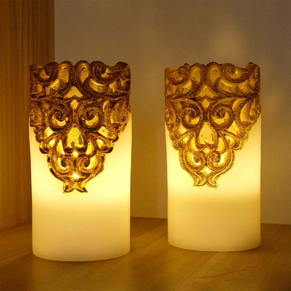 DRomance Hollow Gold Flameless Flickering Candles with 5H Timer, Battery Operated LED Pillar Candles Unscented Wax Warm Light Christmas Home