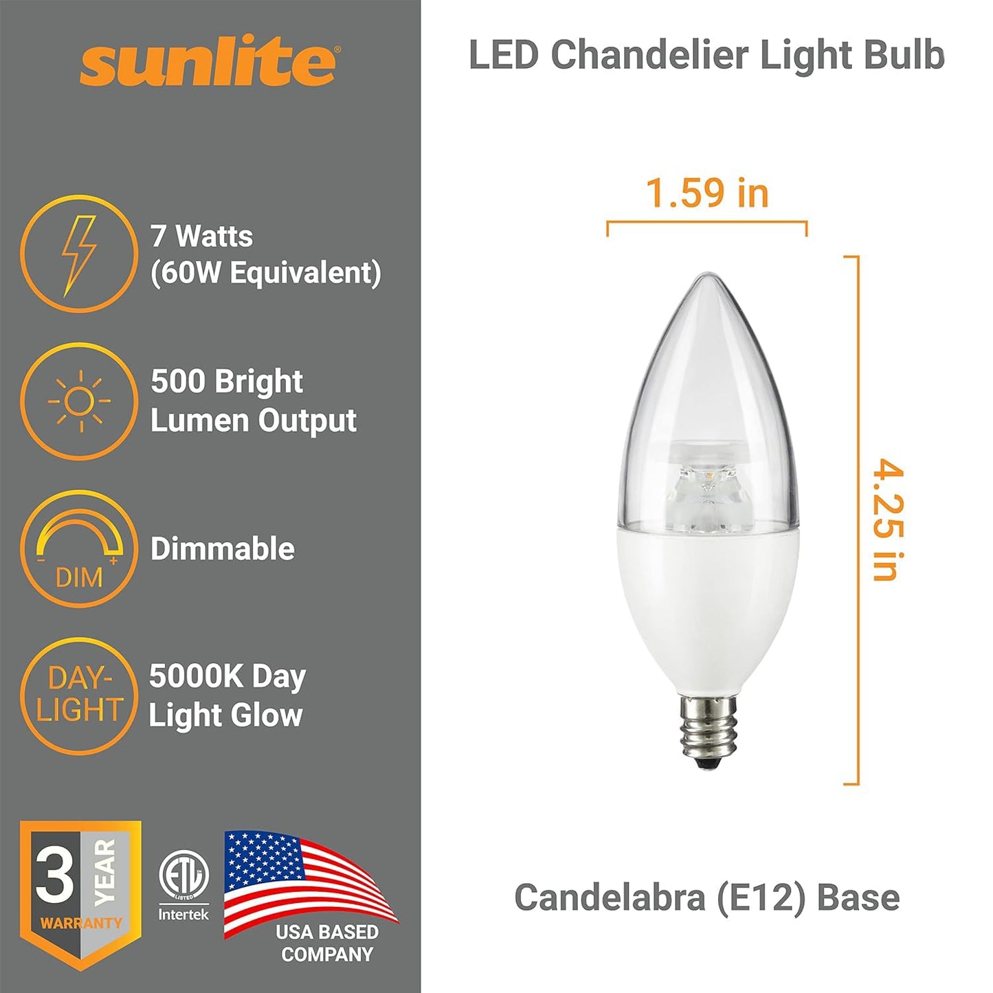 Sunlite LED B11 Clear Torpedo Tip Chandelier Light Bulb, 7 Watts (60W Equivalent) 500 Lumens, Candelabra E12 Base, Dimmable, ETL Certified, 5000K