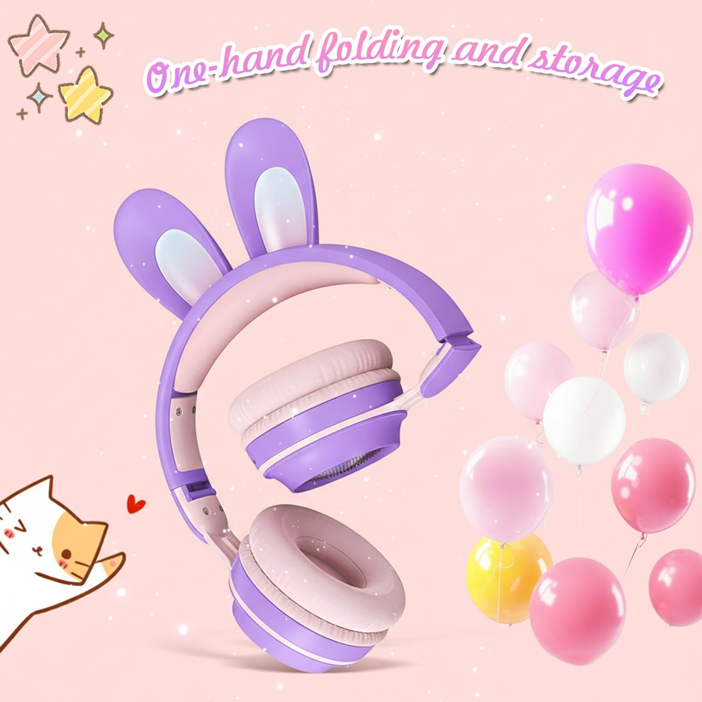 KERHAND Rabbit Purple Cat Headphones Bluetooth, Noise Cancelling, LED, Mic