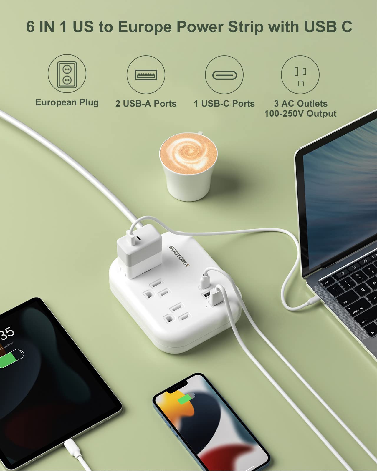 European Travel Plug Adapter with USB C, ROOTOMA Outlet Adapter US to Europe 3 Outlets 3 USB Ports, International Power Strip for EU Spain France