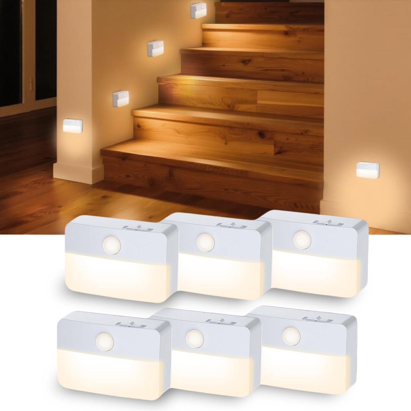 Coolilumi Motion Sensor Night Light Indoor Stair Lights Warm White Stick-On Closet Lights, Battery Operated Hallway Cabinet, Bedroom, Kitchen Lamps (6