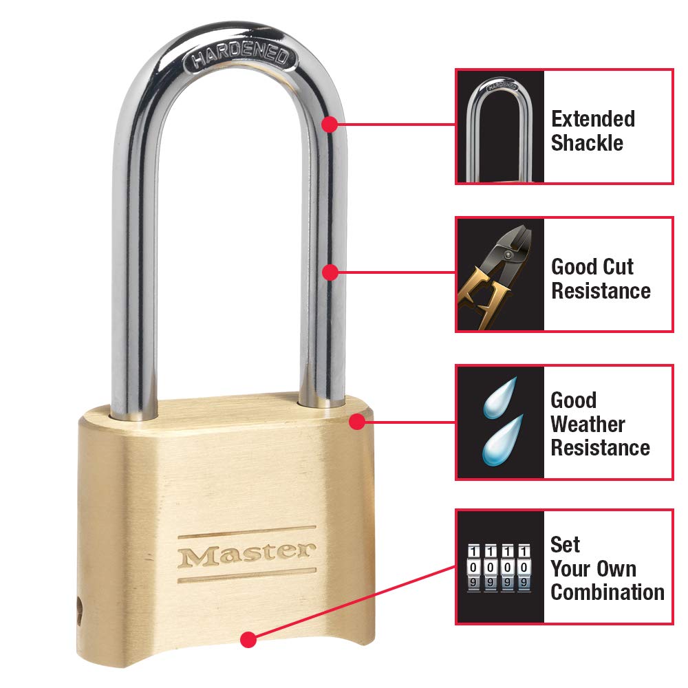 Master Lock Brass Combination Lock, Gate Lock for Outdoor Fence or Shed, Customizable Combination Padlock with Extended 2-1/4-Inch-Long Shackle, 2