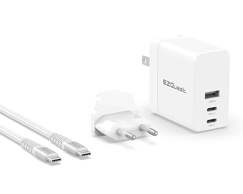 EZQuest 90W USB C Charger - 2X USB-C, 1X USB-A Port, with 2 Meter Cable - Fast Charging Block PD - GAN Charger Wall - EU Converter Compatible