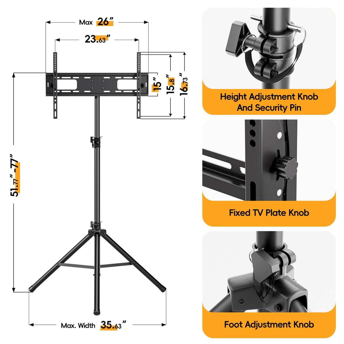 UEAKPIC Portable Tripod TV Stand for 25 to 65, 70-inch Television with ±15°Tilt, 5 Pillar Height, Dual Safety Pins, Tall Tvstand Maxi Load 110 lbs