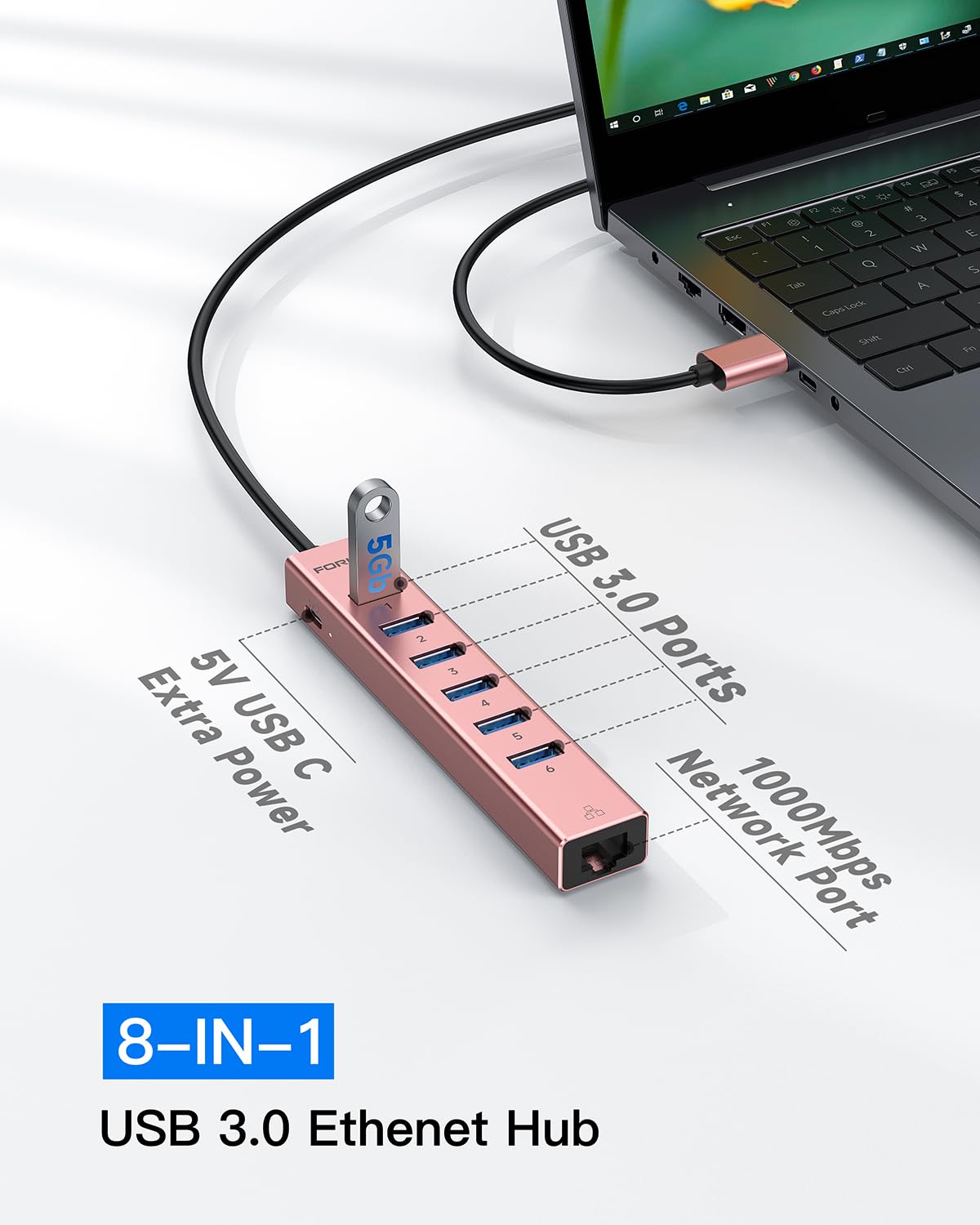 Aluminum USB 3.0 Adapter USB to Ethernet HUB with 120CM Long Cable for Laptop USB Extender with Gigabit Ethernet Port and 5V/3A Power Port 7 Ports USB