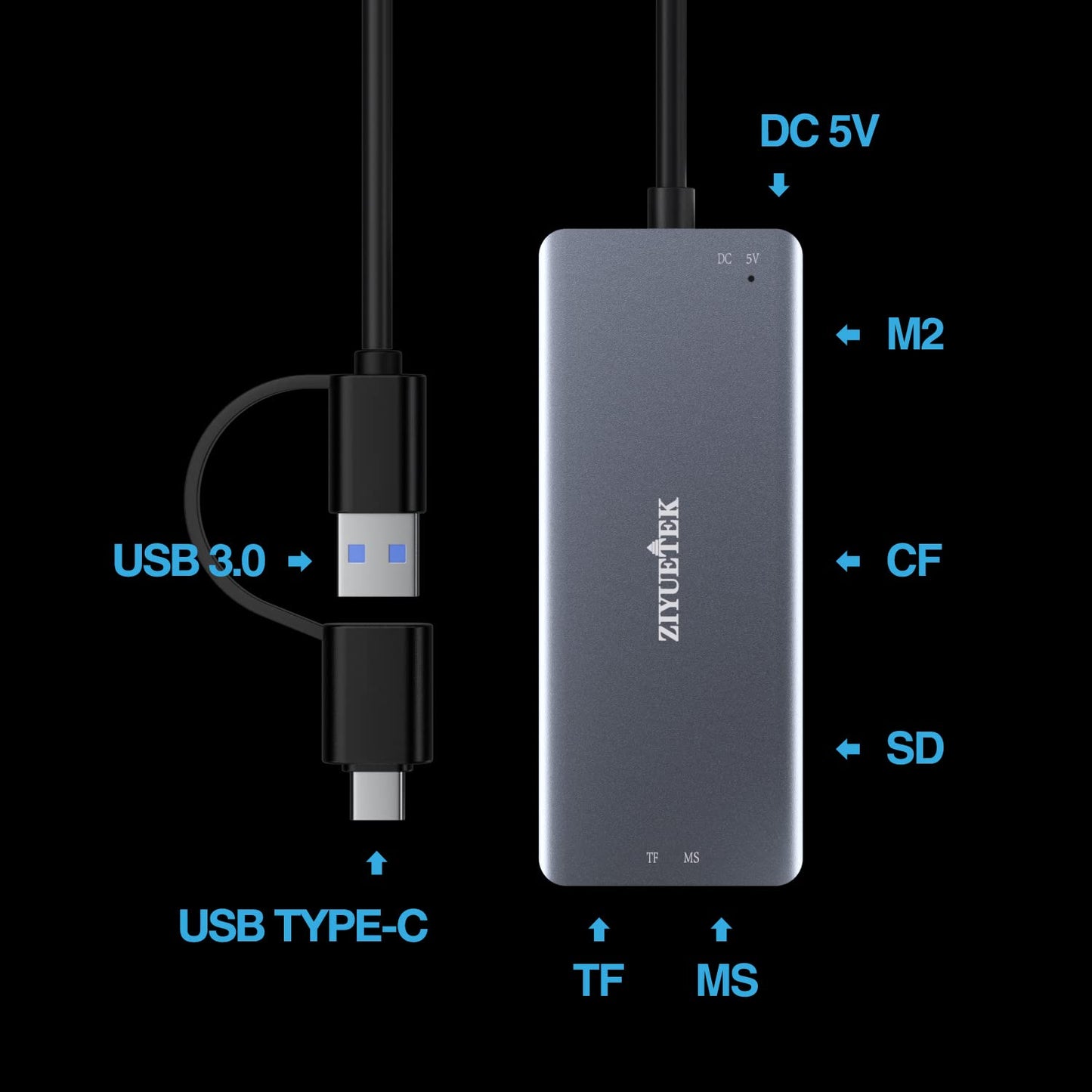 USB C USB3.0 SD Card Reader, 5in1 Multi Card Reader for SD/TF/CF/Micro SD/MS/M2, Drive Free for iPhone 15 pro max/Windows/Mac/Linux/Android (USB3.0