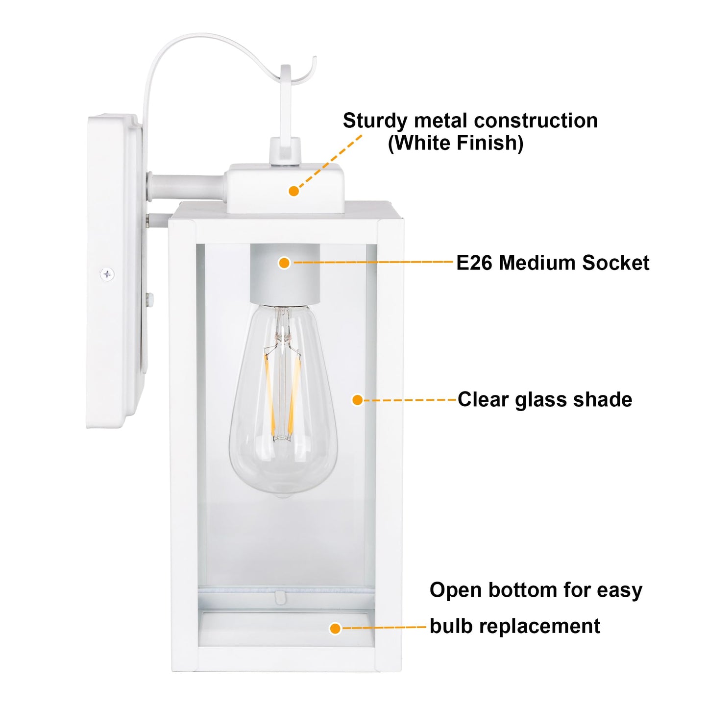 GRUENLICH Outdoor Wall Lantern, Wall Sconce for Porch Lighting Fixture, E26 Base Max 60W, Metal Housing Plus Glass, White Finish, Bulb Not Included
