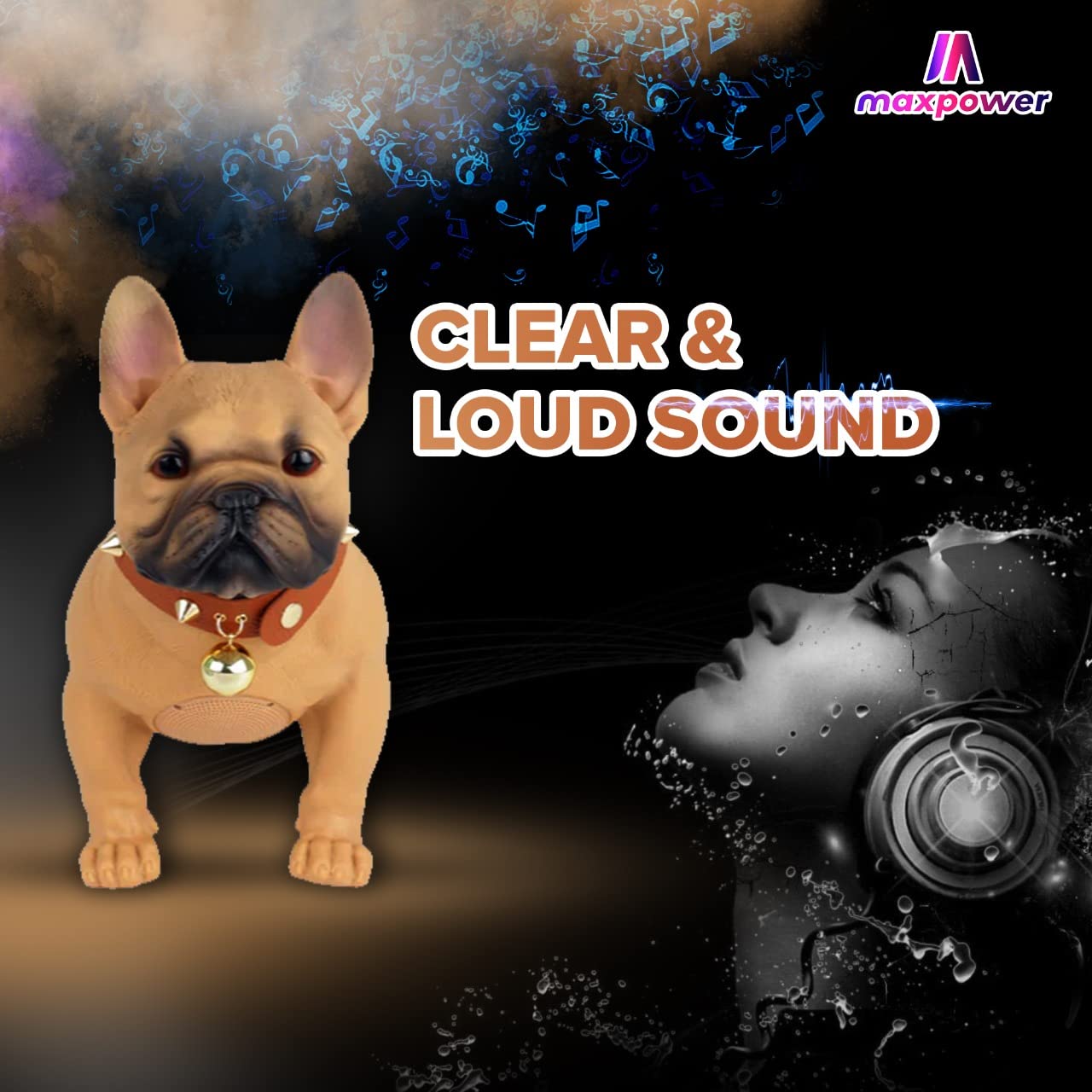 Max Power Bulldog Style Bluetooth Speaker - MD568 - Rechargeable, FM Radio, Brown - Dog Collar Included