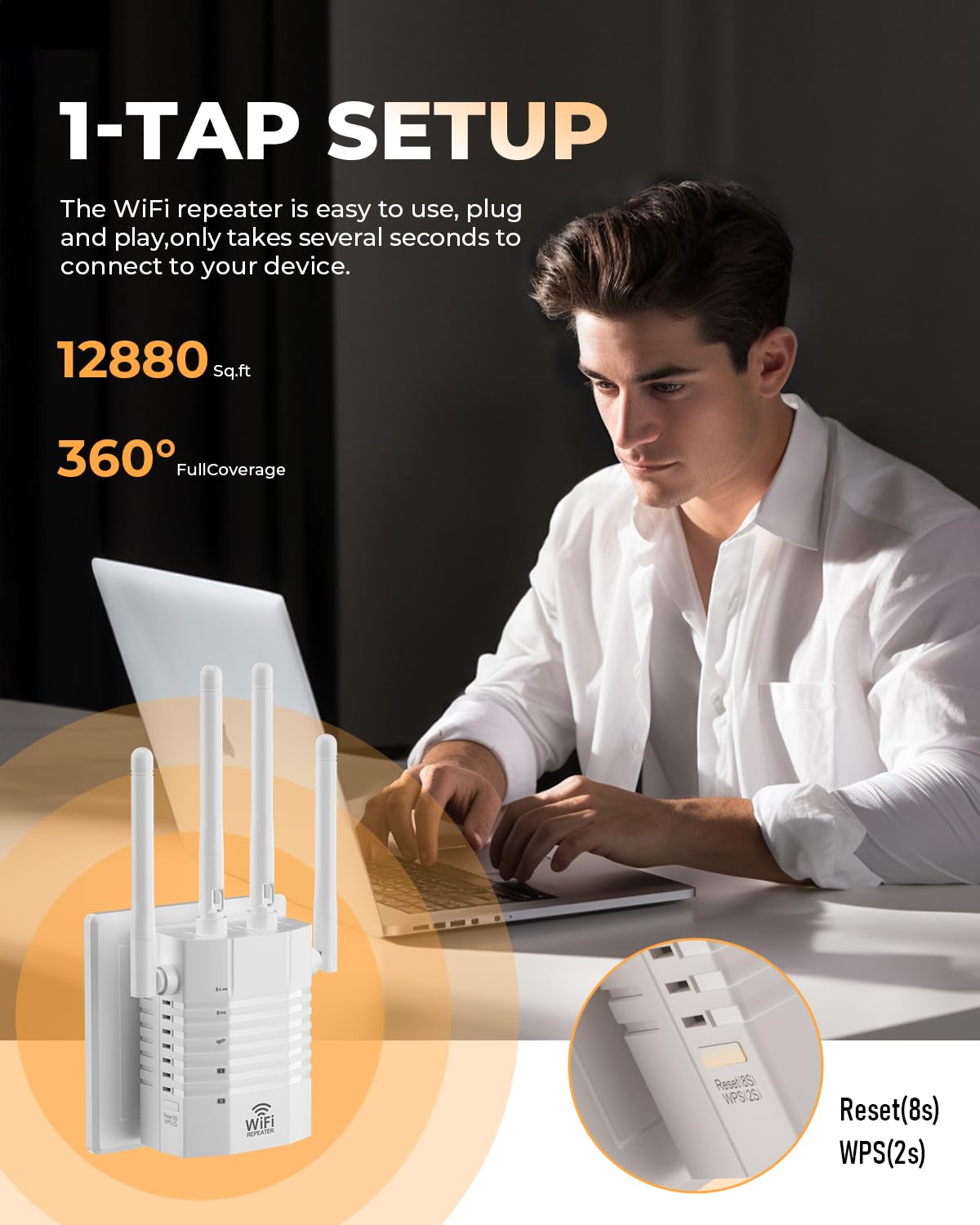 105 Devices WiFi Extender,WiFi Signal Booster with 4 Directional Antennas,1.2Gbps Dual Band WiFi Booster and 12880 Sq.Ft Coverage,EasyMesh and one