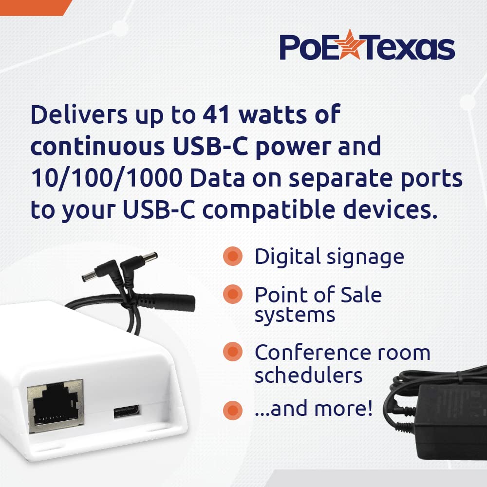 PoE Texas PoE to USB-C Power & Separate Data Delivery Kit - USB Type C Power Delivery Kit with Max Output of 41 Watts, Compatible with Dell, HP