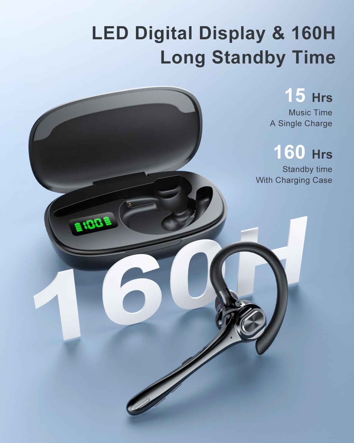 Earbuds Wireless Earpiece Bluetooth Headset with Noise Canceling Mic 160H Standby Time Hands Free Earphones Single Ear Headphone for iphone Android