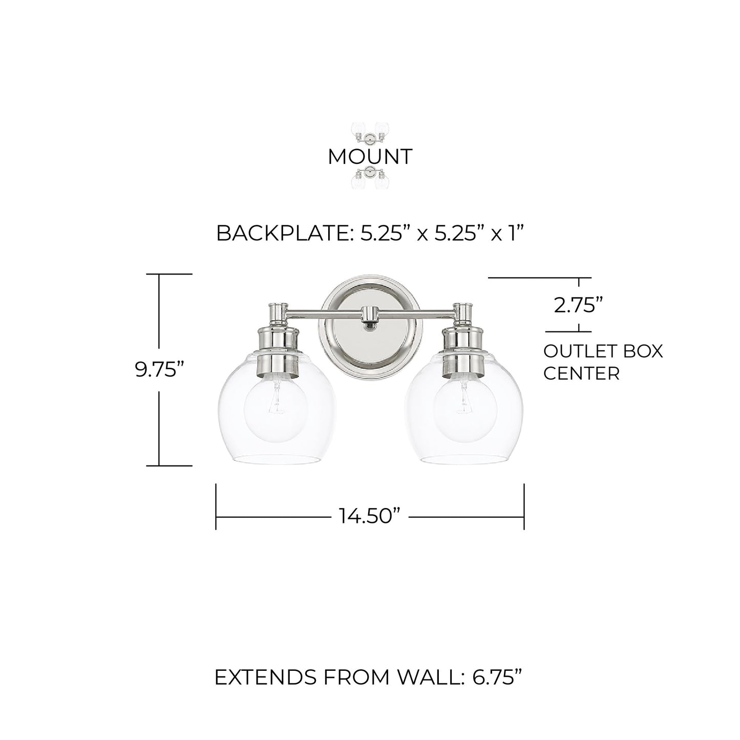 Capital Lighting 121121PN-426 Mid-Century Clear Glass Bath Vanity Wall Mount, 2-Light 200 Total Watts, 10" H x 15" W, Polished Nickel