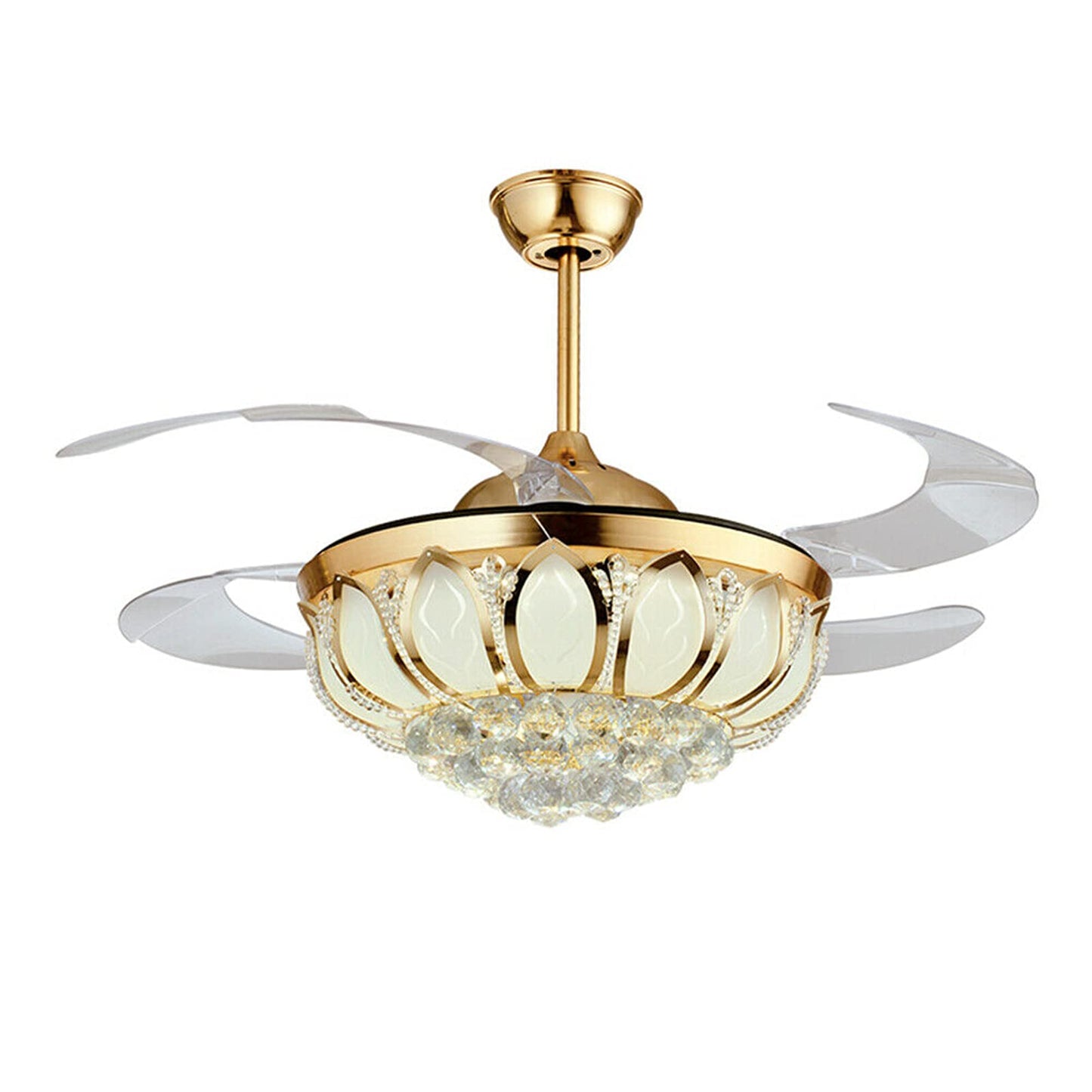 N/B 42 Inch Modern Gold Crystal Chandelier Fan with Retractable Blades Ceiling Fan with Light LED and Remote Control Indoor Fan Suitable for Dining