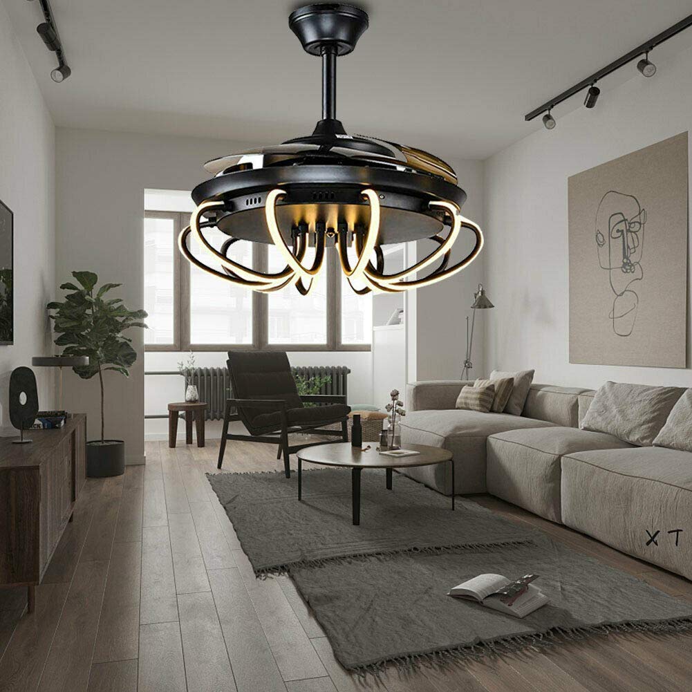 YIYIBYUS 42 Inch Ceiling Fan Light LED Chandelier 3 Colors Lamp Retractable with Controller Control,Chandelier Fan for Indoor Kitchen Bathroom Dining