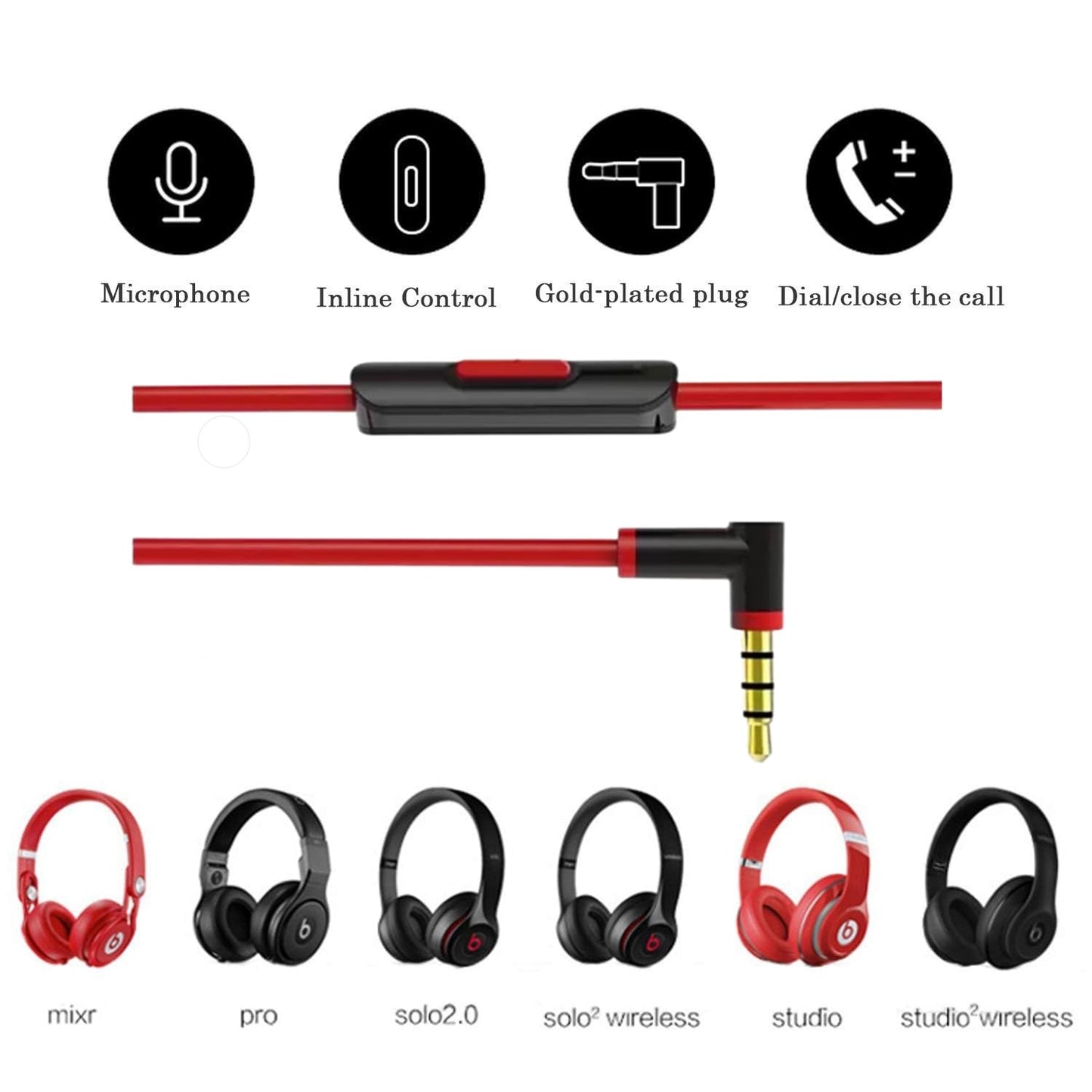 cipher Replacement Audio Cable Cord Wire,Compatible with Beats Headphones Studio Solo Pro Detox Mixr Executive Pill with in Line Mic and Control