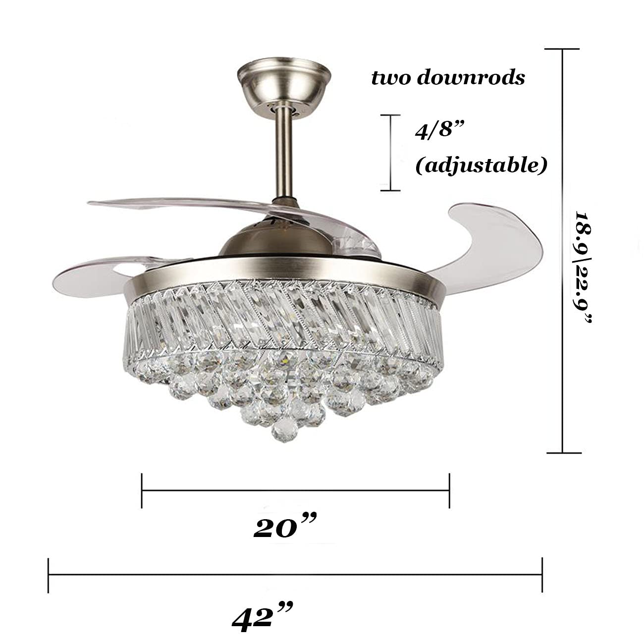 42" Fandelier Crystal Ceiling Fan Lights with Remote, Modern Invisible Hidden Retractable Ceiling Fans with Lights 3-Color Dimming Chandelier Lighting