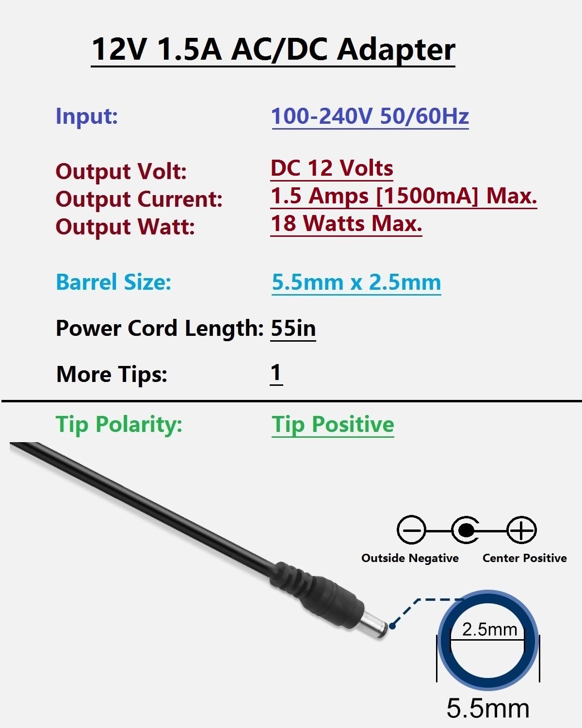 12V 1.5A 18W DC Power Supply Adapter, AC 100-240V 50-60Hz to 12 Volt 1.5 Amp Transformer, DC 12V Power Cord with 5.5 x 2.5mm Barrel Plug Compatible…