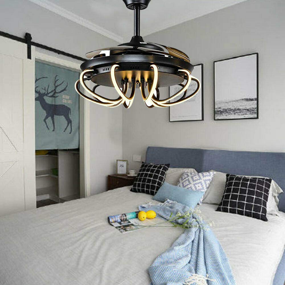 YIYIBYUS 42 Inch Ceiling Fan Light LED Chandelier 3 Colors Lamp Retractable with Controller Control,Chandelier Fan for Indoor Kitchen Bathroom Dining