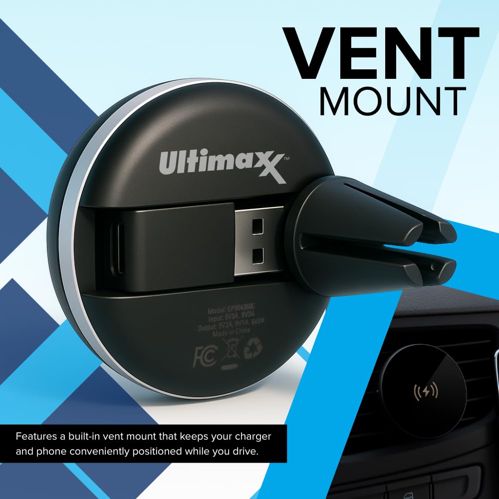 Ultimaxx Magnetic Fast Charger, Qi Wireless USB Charging Pad for iPhone 15/14/13/12/SE/11/X/8, Samsung S23/S22/S21/S20, Flip-Out Module, Car Vent