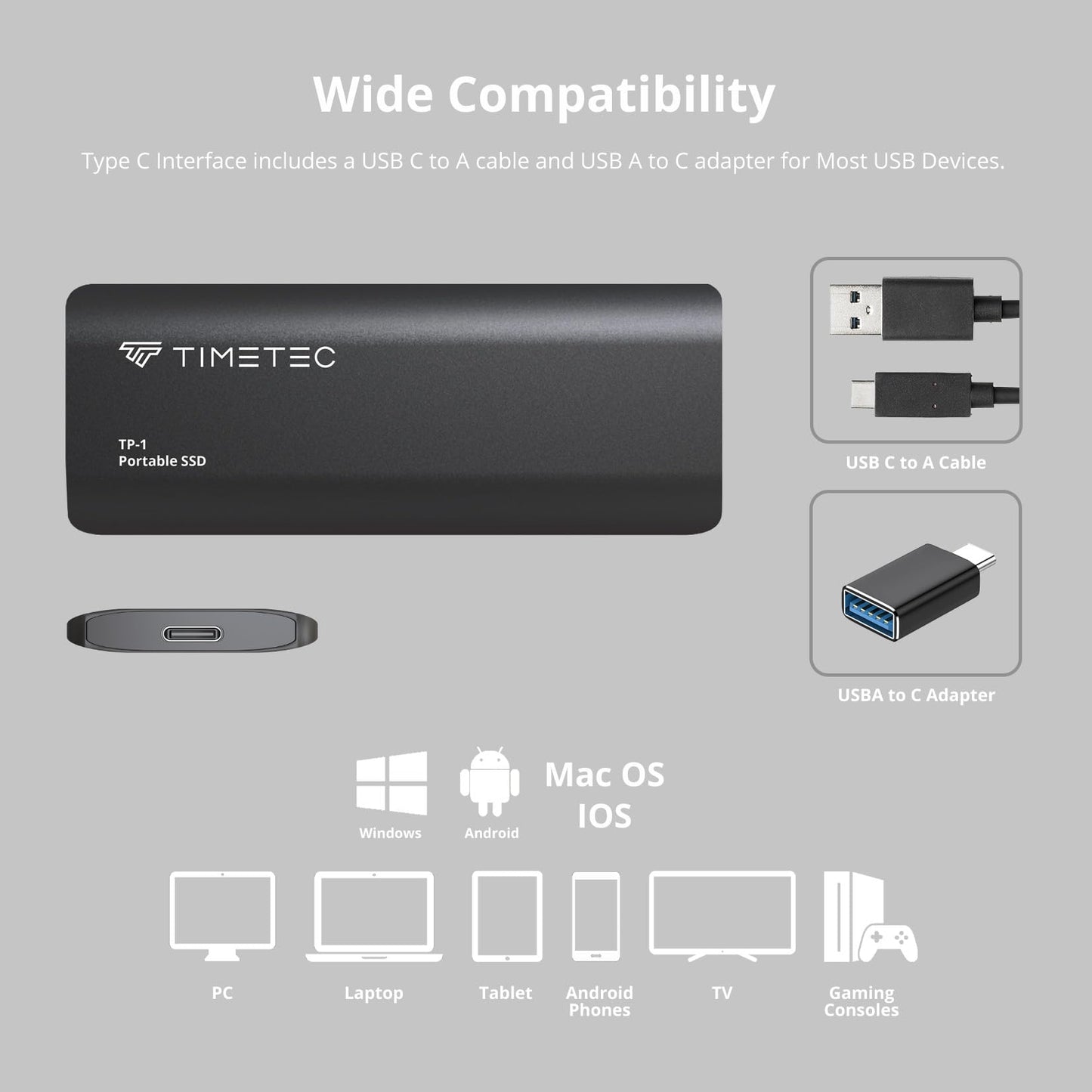 Timetec 1TB Portable External SSD USB3.2 Gen2 Type C Up to 550MB/s Ultra-Light Aluminum Mini External Solid State Drive with USB C to A Cable/USB A