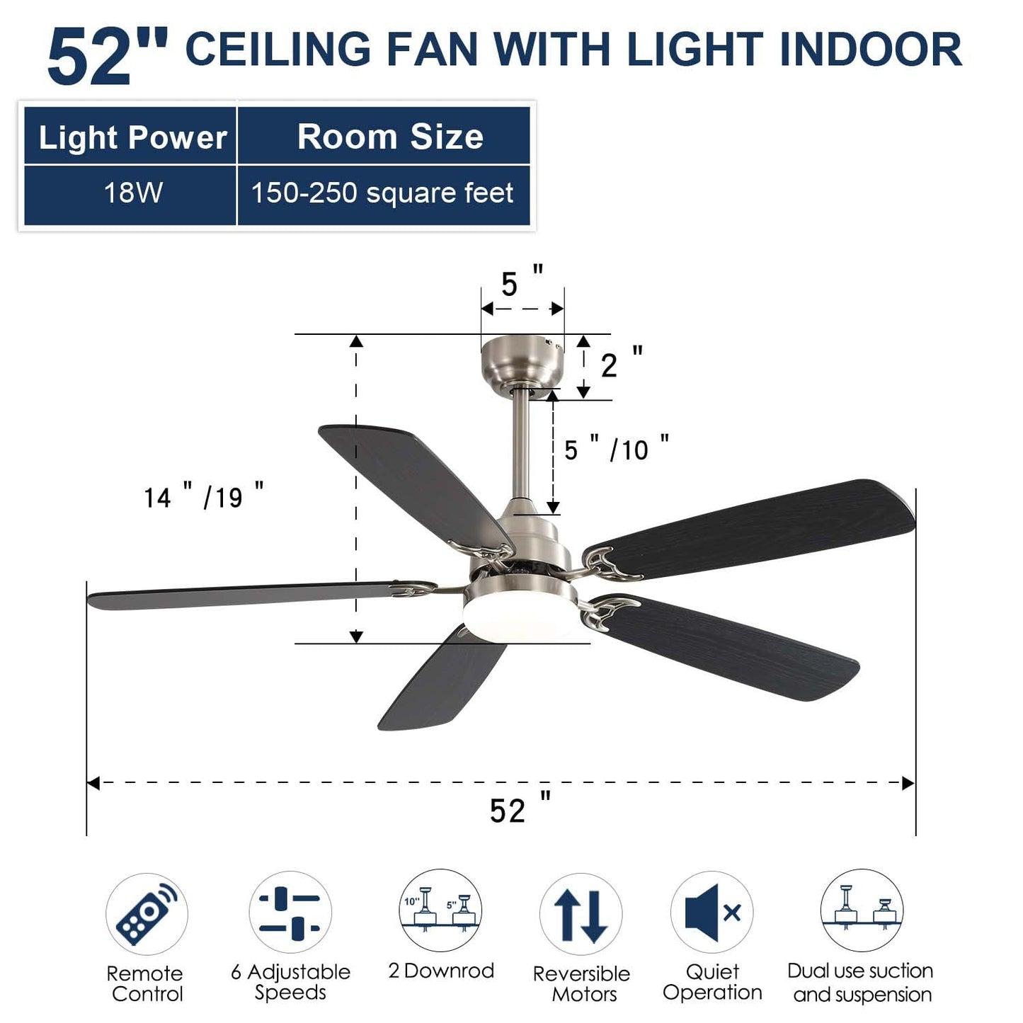HRVEOCEI 52 Inch Modern Ceiling Fans With Lights for Bedroom, Flush Mount/Low Profile Fan Ceiling with Remote Control, 5 Blades Reversible for Living