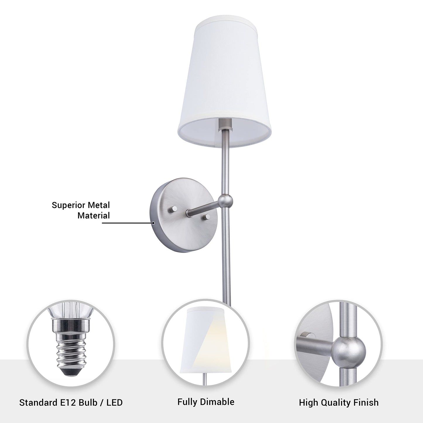 Brio Lighting Finley, 1-Light Wall Sconce with White Fabric Shade with Long Decorative Arm in Gold Brushed and Nickel Perfect for a Bedroom, Bathroom