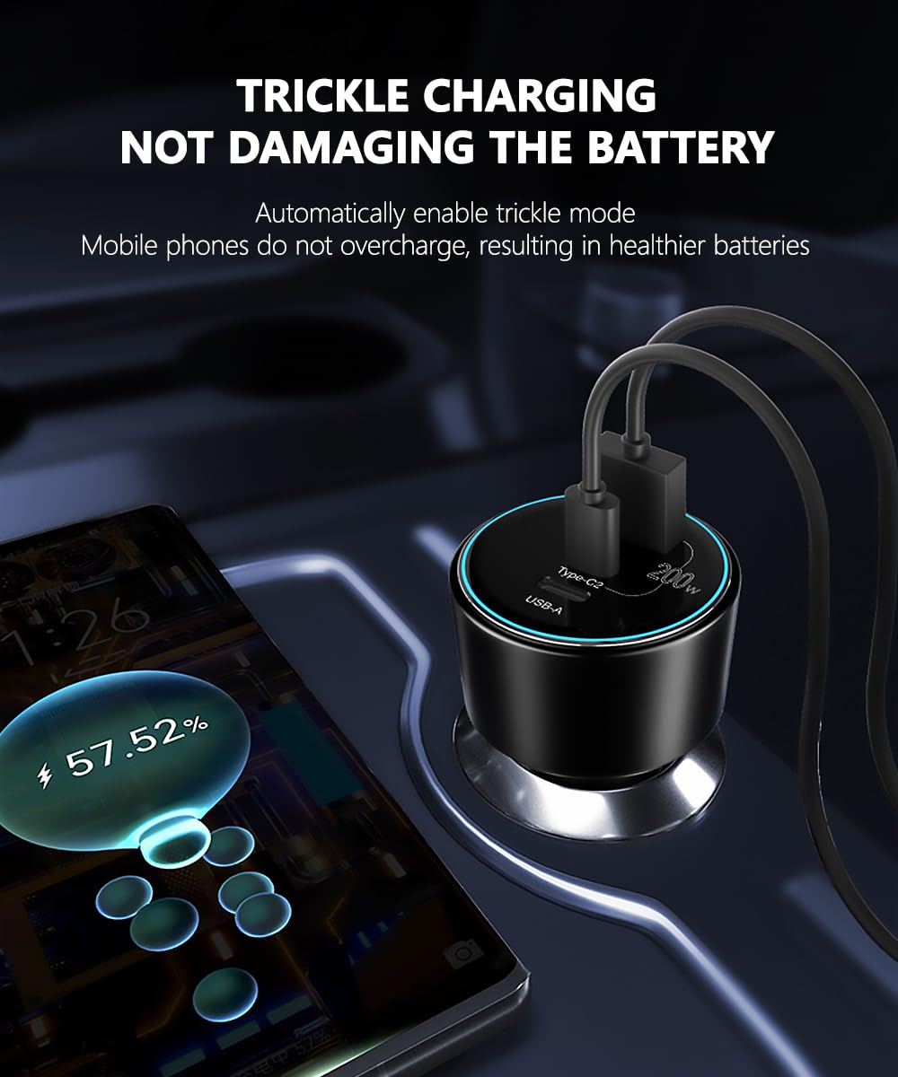 200W Car Charger, USB C Car Charger PD3.0 QC4.0 PPS Fast Charging Car Adapter with 2 100W USB C Cable 3 Port Type C Cigarette Lighter for Dell XPS
