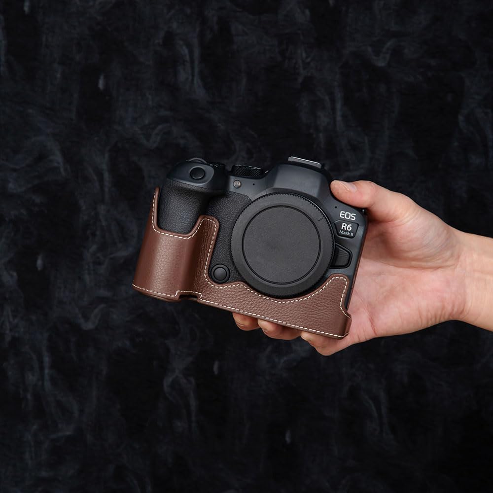 DBZZ R6II Vintage Genuine Leather Camera Case for Canon EOS R6 Mark II Handmade Half-Wrap Camera Protector Cover (Coffee brown)