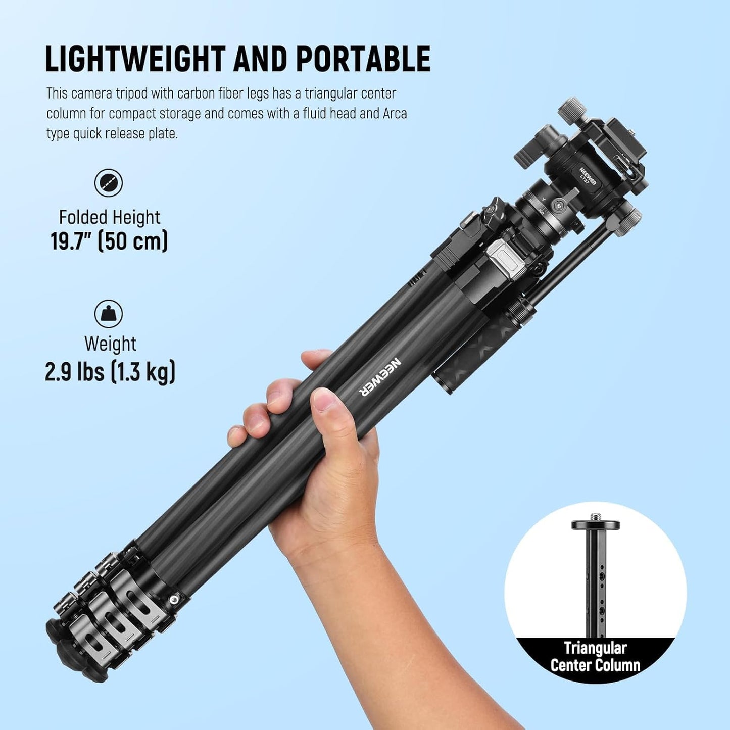 NEEWER 60.4" Travel Tripod Carbon Fiber with Detachable Damped Fluid Head, Lightweight Video Camera Stand with Metal Quick Flip Buckle, Arca Type QR