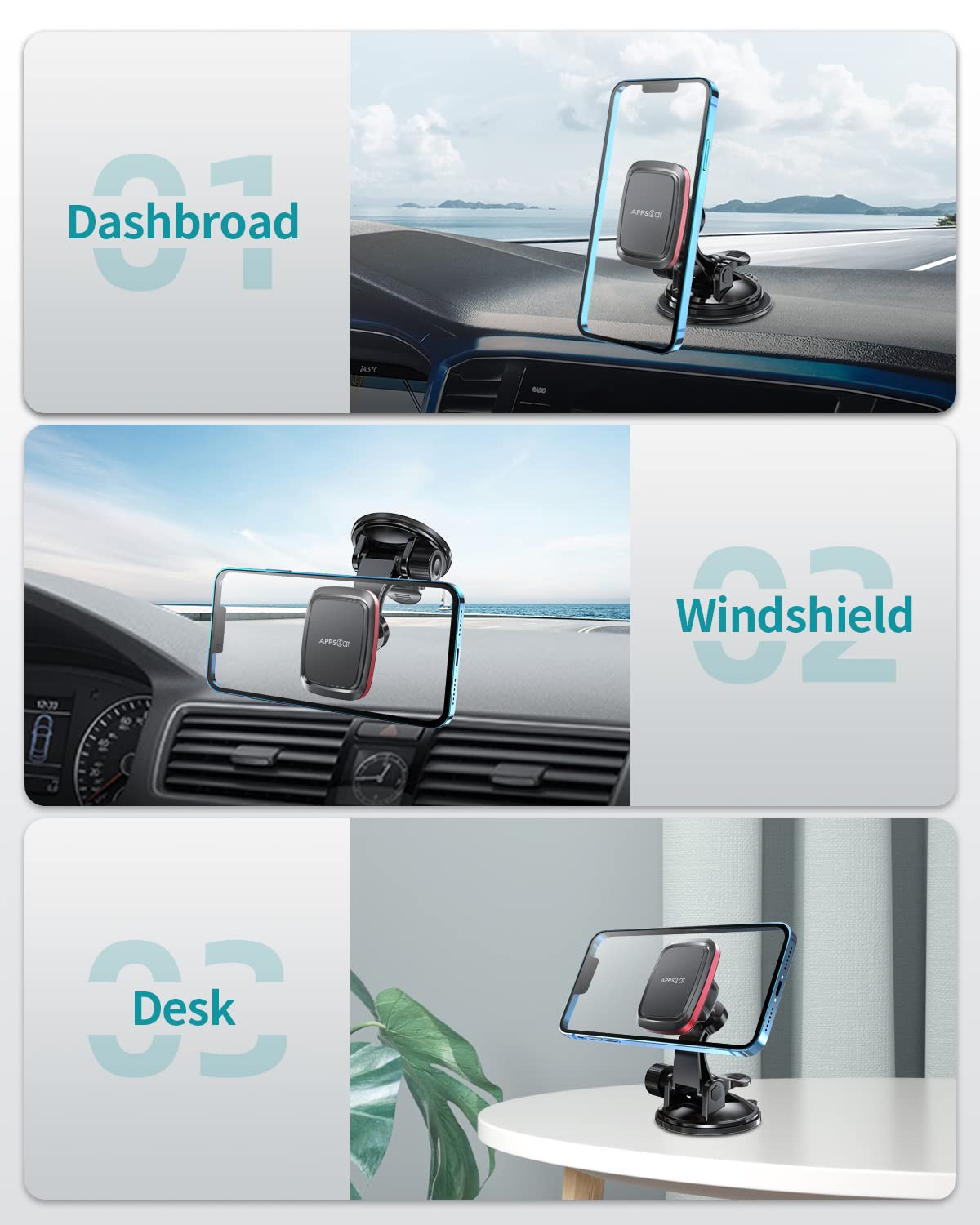 APPS2Car Magnetic Car Phone Mount with Adjustable Arm & 6 Strong Magnets Universal Dashboard Windshield Cell Phone Holder Compatible with All
