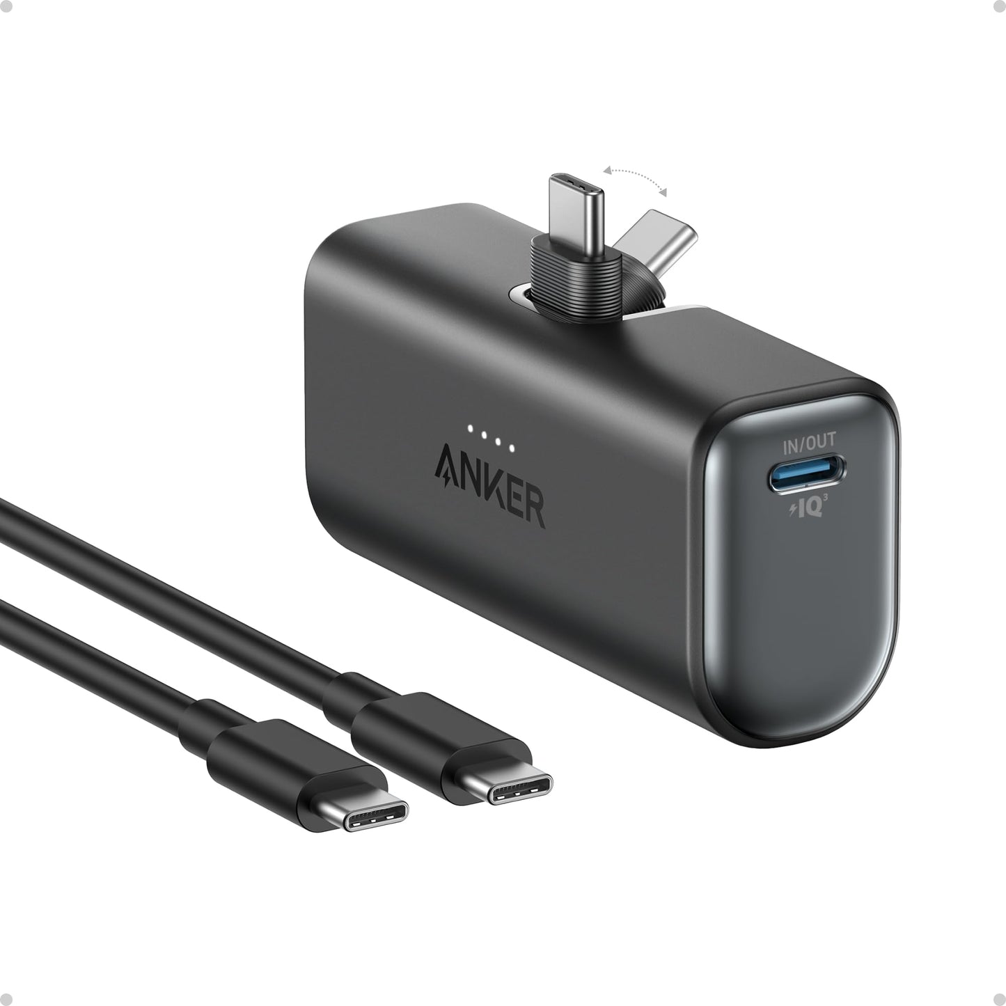 ANKER Portable Charger, Nano Power Bank with Built-in USB C Connector, 5,000mAh Portable Charger 22.5W, for iPhone 17/16/15 Series, Samsung S22/23