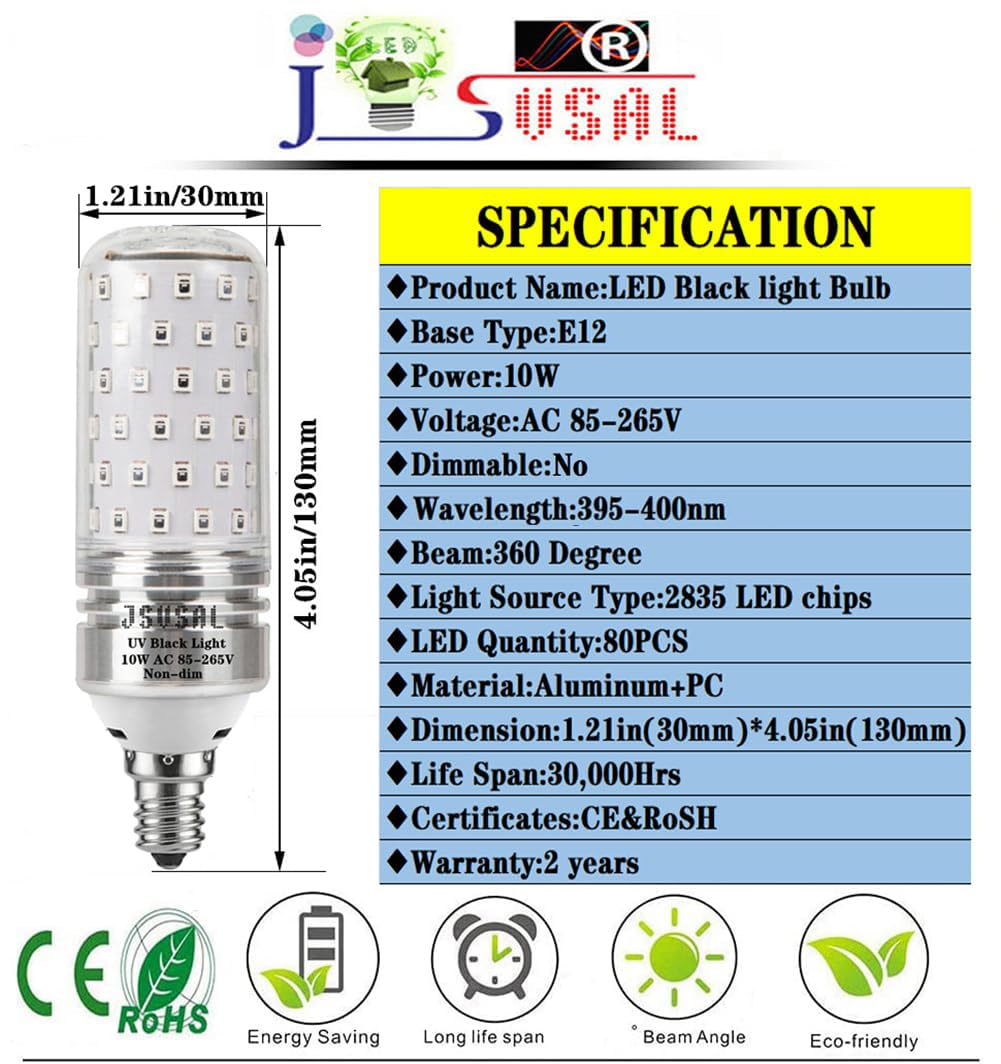 JSVSAL LED Black Light Bulb,10W E12 Candle,AC 85-265V,Not Dimmable,2-Pack