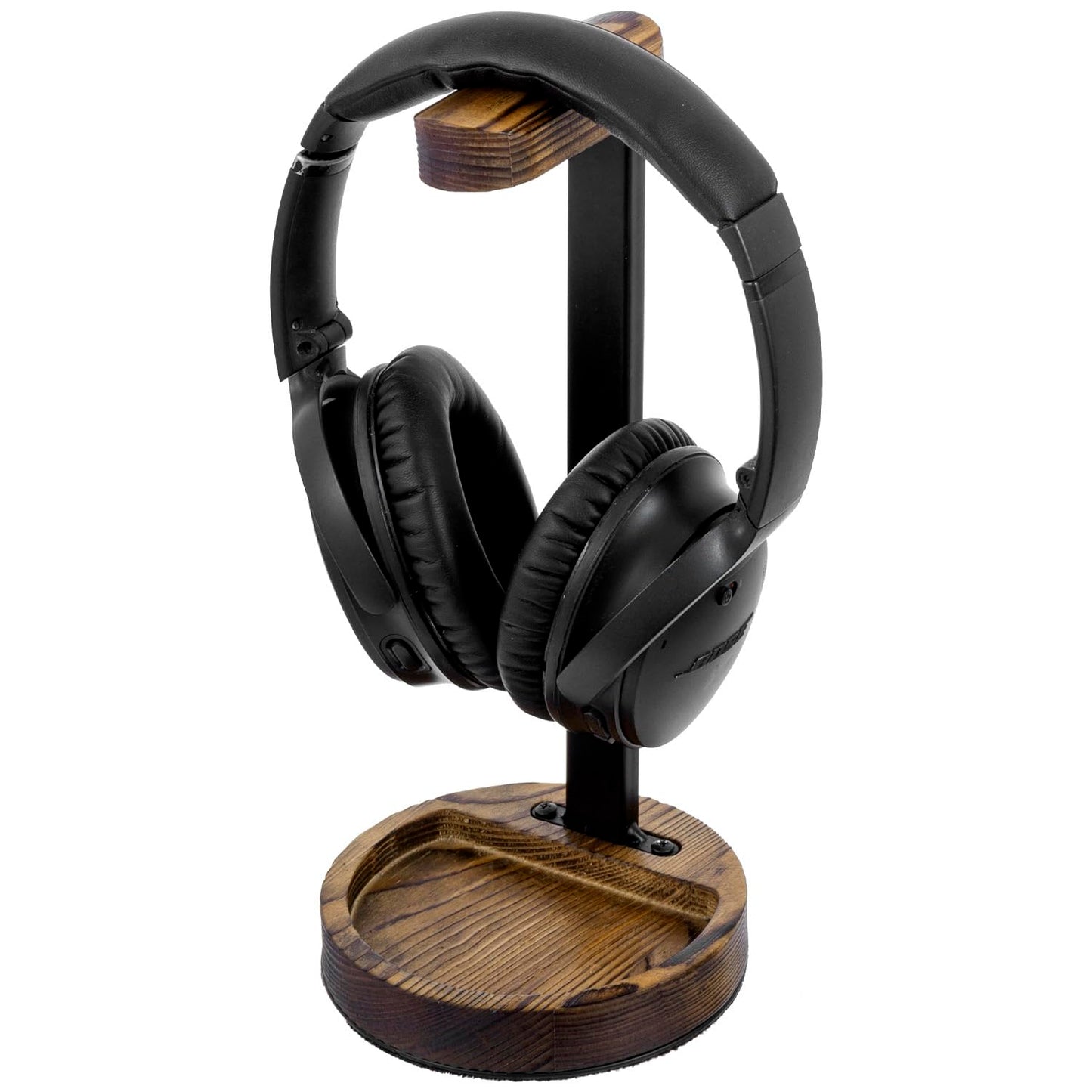 MyGift Deluxe Urban Matte Black Metal Headphone Stand with Rustic Solid Wood Base, Desktop Office Gaming Headset Holder Pedestal Display Rack