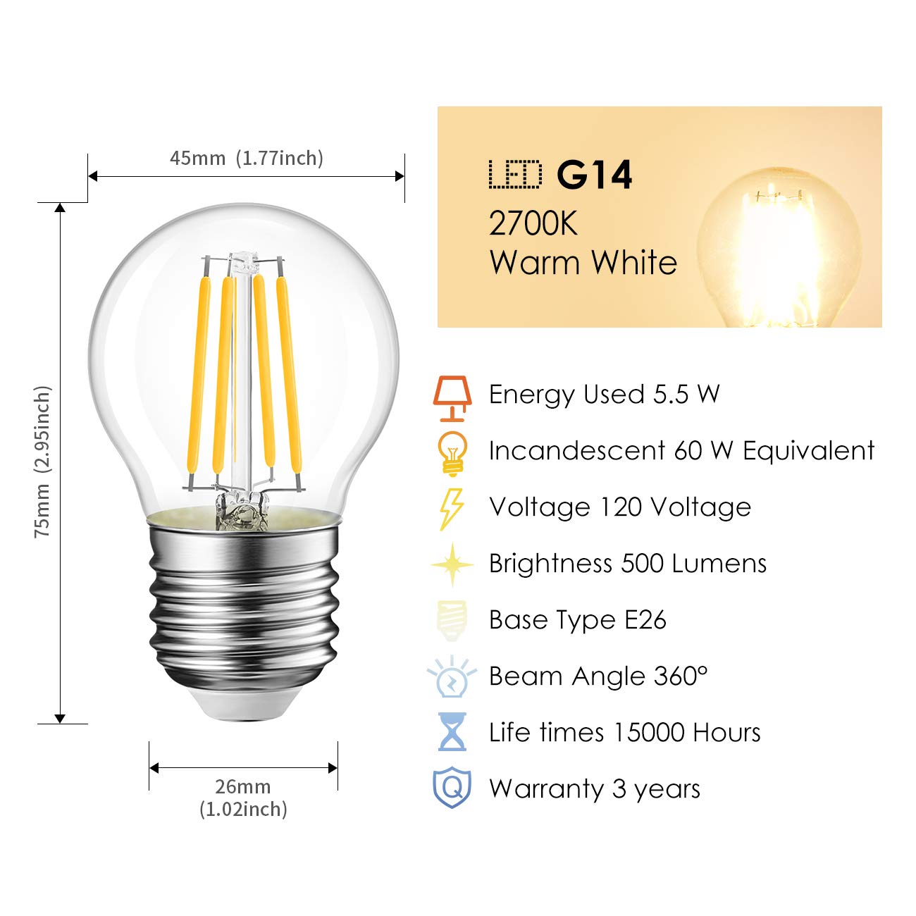 LVWIT G14 LED Filament Globe Bulb Dimmable, 5.5W Eqv 60W 2700K Warm White