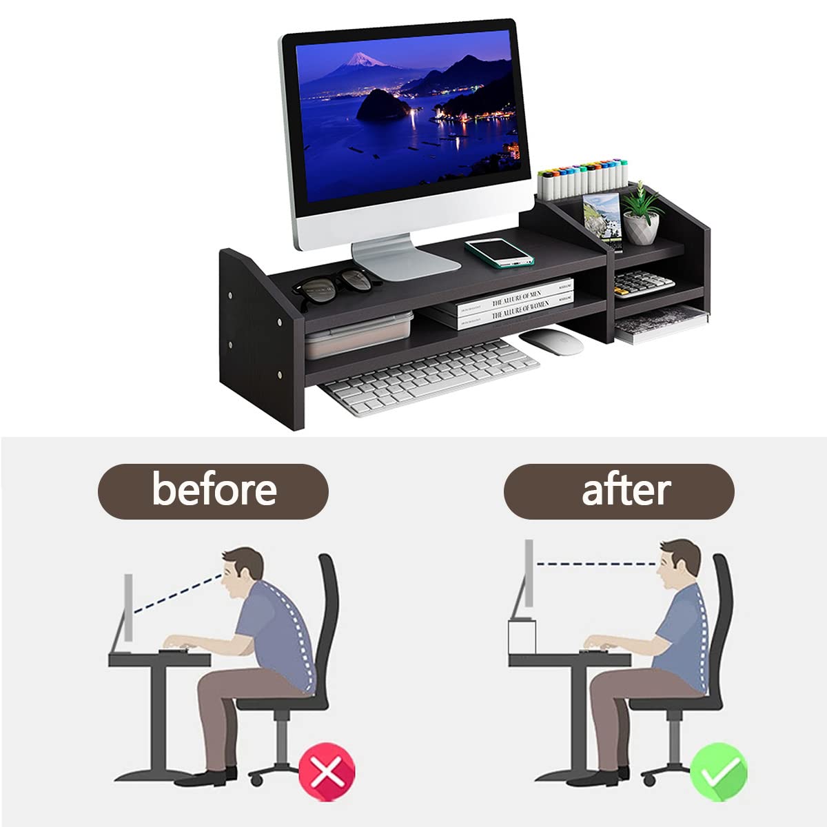 KUAIYU Computer Monitor Riser, 2 Tier Wooden Stand With Two Layer Storage Rack, Black Desktop Organizer for PC/Laptop, Home & Office