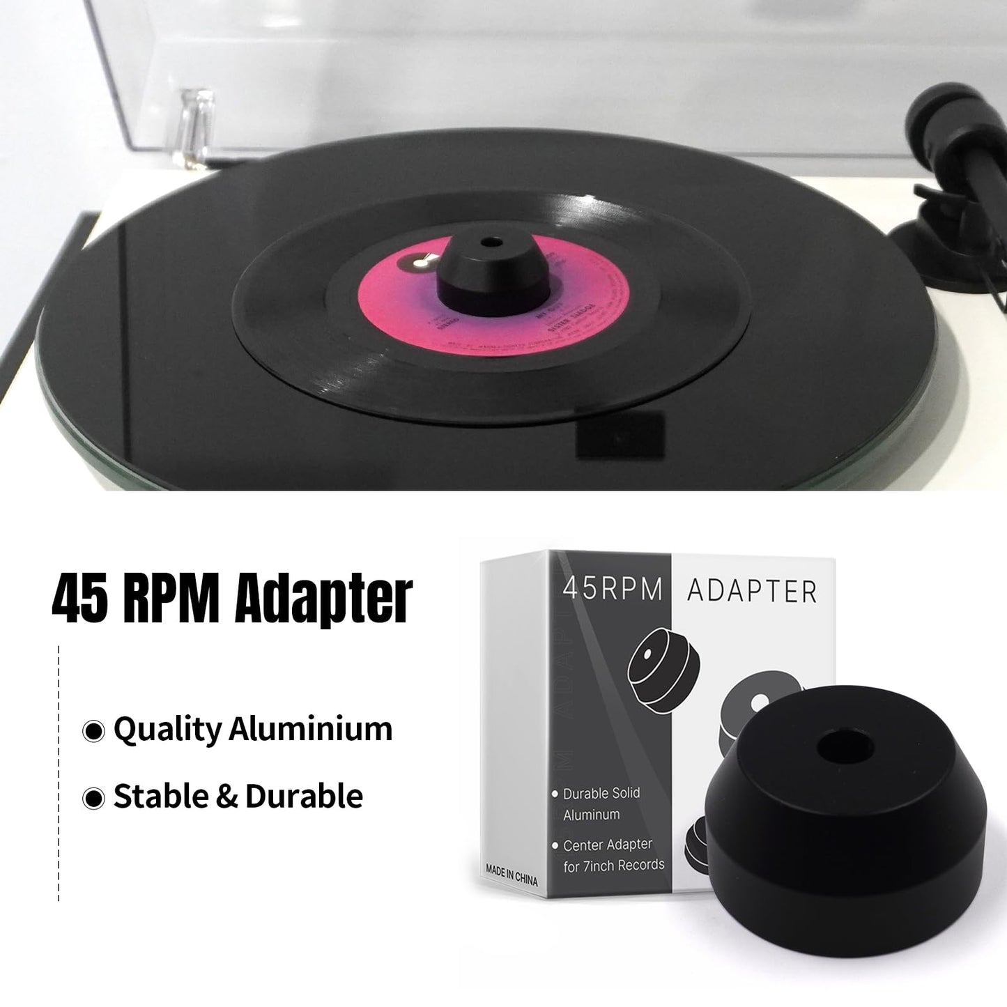 45 RPM Black Adapter Durable Solid Aluminum Center Adapter for 7 inch Records Vinyl 1