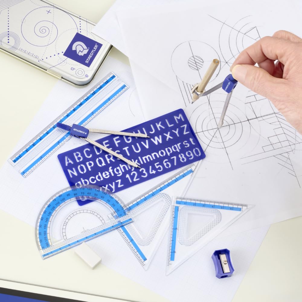 STAEDTLER 10-Piece Math Set with Metal Compass, 6" Ruler & Triangle Squares, 45° & 30/60° Set Squares, Alphabet Stencil - Measuring Tools