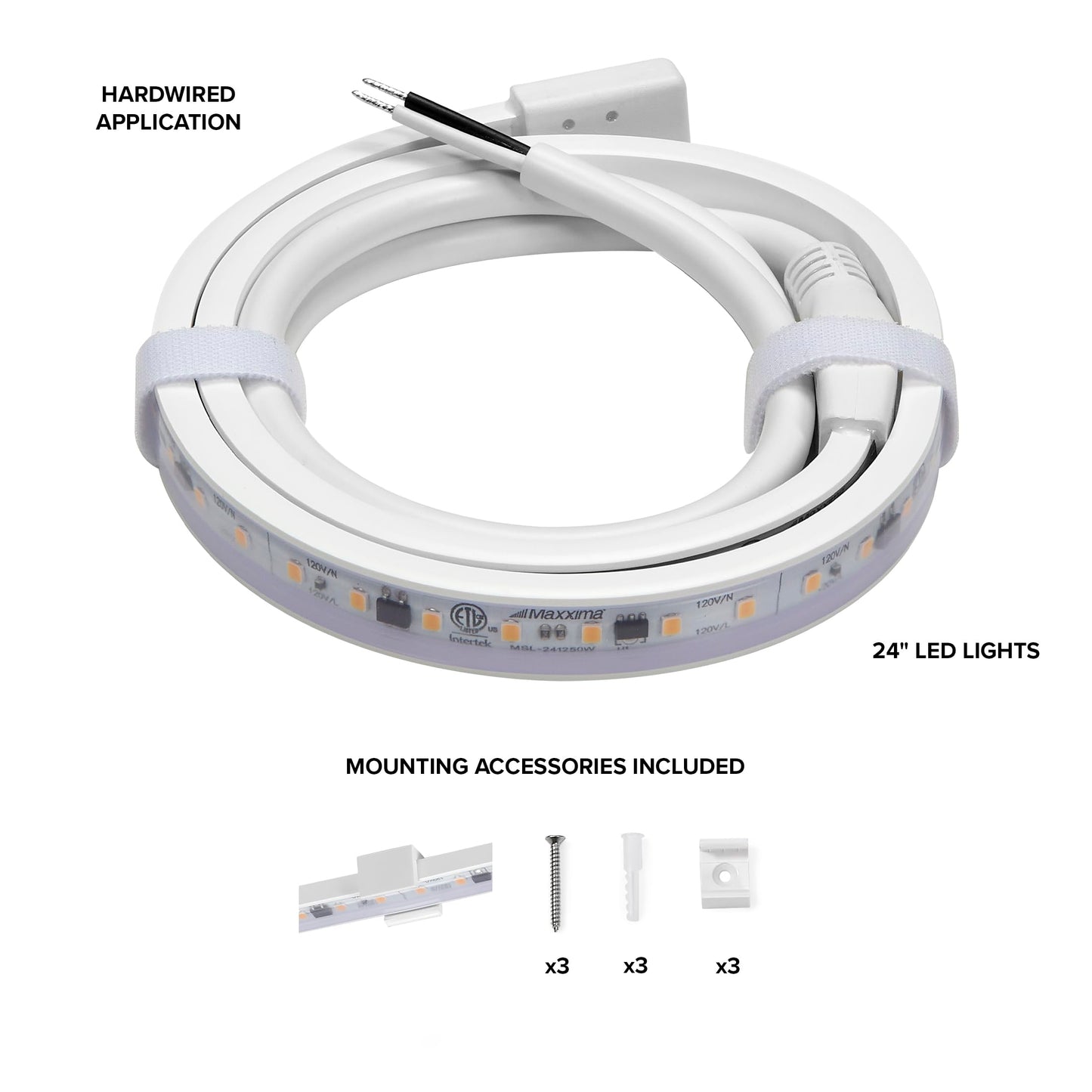 Maxxima 24 in. Hardwired LED Under Cabinet Strip Light, 920 Lumens, 3000K Warm White, Kitchen and Living Room 120V White Cove Lighting, No Power