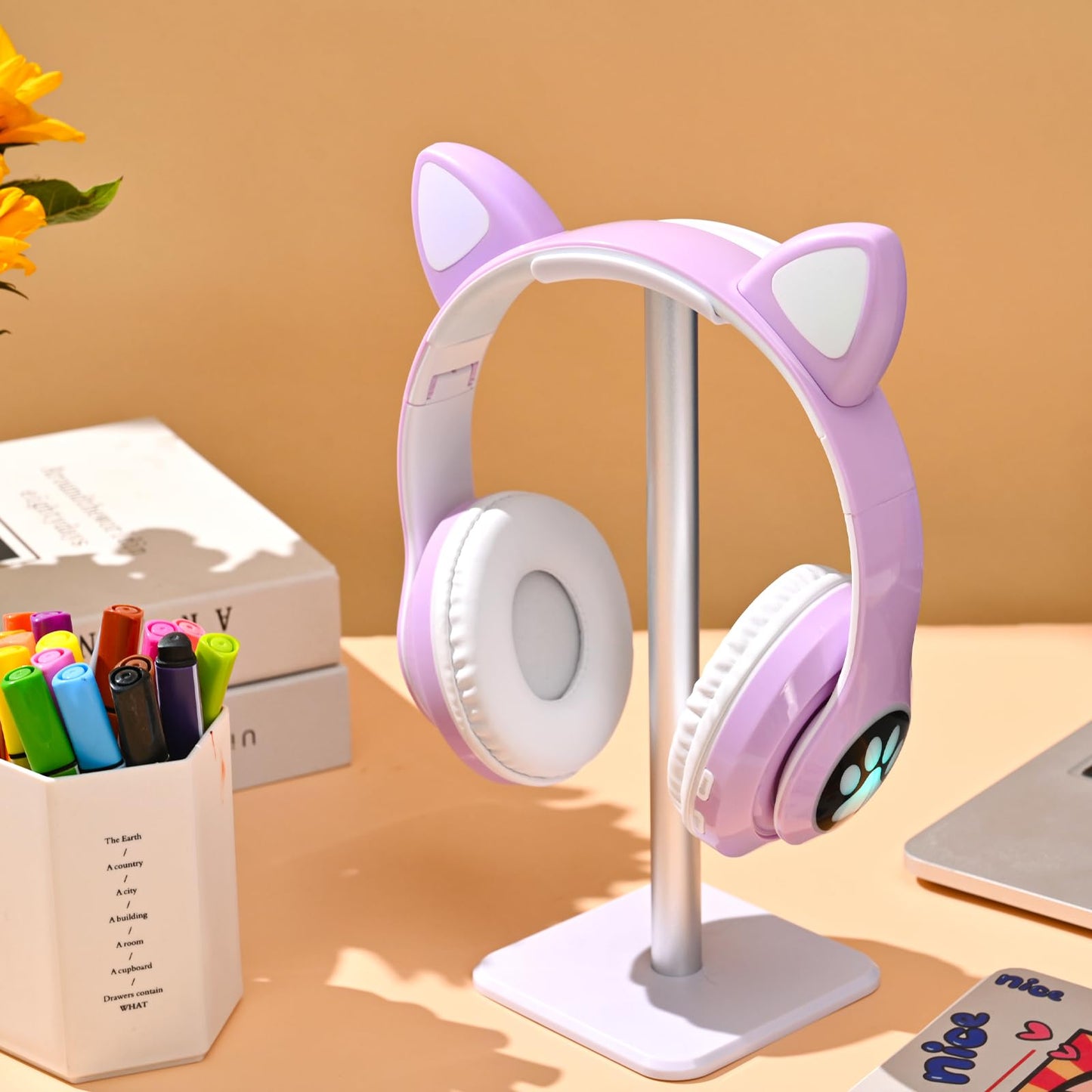 KERHAND Bluetooth Noise Cancelling Headphones for Kids,Foldable Cat Headphone with LED Light Up Ear,Cat Ear Headphones for Toddler with Microphone/TF