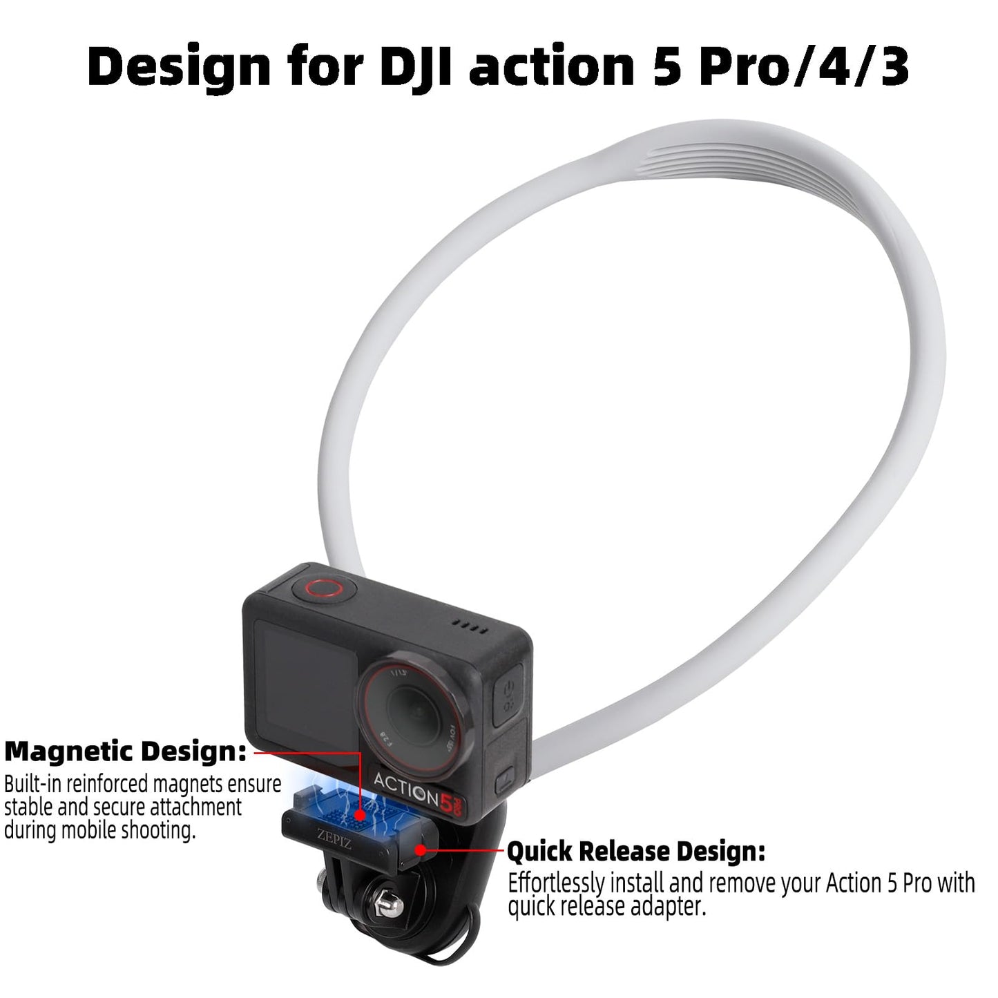 ZEPIZ Action Camera Hanging Neck Mount for DJI Osmo Action 5 Pro, Adjustable Chest Strap and Quick Release Adapter, Compatible with DJI Osmo Action 3