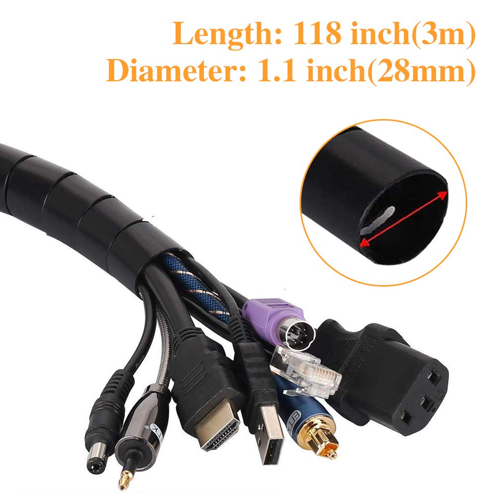 Black Spiral Winding Cable Management Pipe Wire Wrap Line Coiled Tube, Flexible Cord Covered Protective Bundler Sleeve Hose for Office, Computer, TV