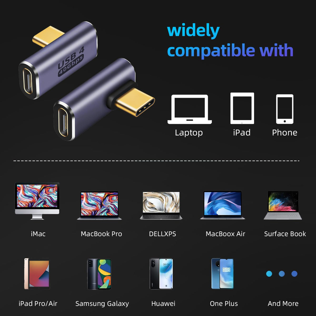 USB C Right Angle Adapter 100W PD, USB4 Type C Adapter 40Gbps, 90 Degree USB C Right Angle Adapter Support 8K 60Hz Video with LED Light for ipad…