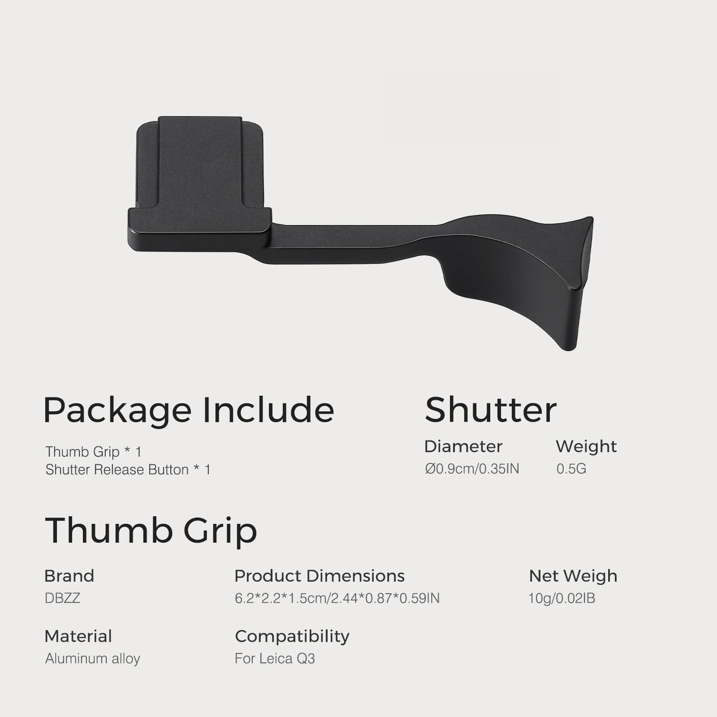 Metal Thumb Grip with Hot Shoe Cover for Leica Q3, Q3 (43) Camera Hot Shoe Thumb Hand Grip Photography Accessories (Black)