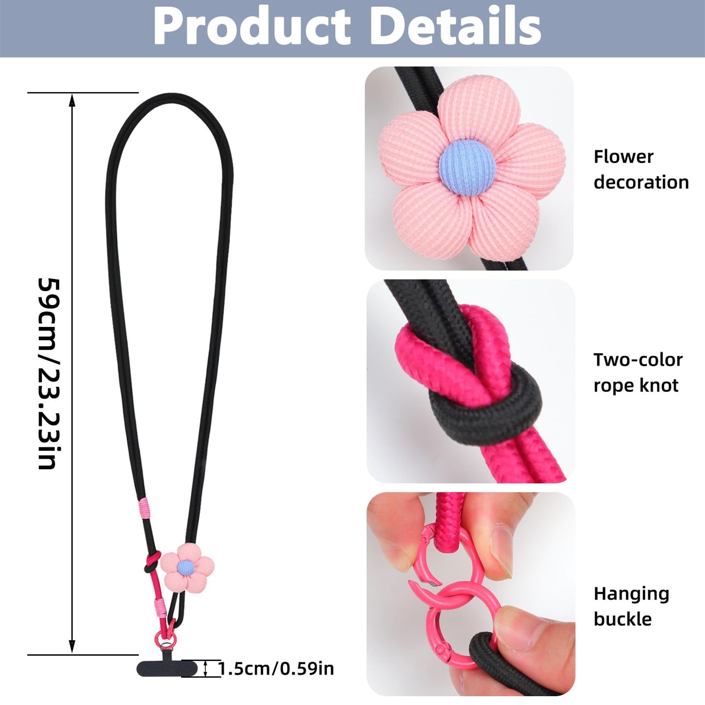 MWRDSM Phone Lanyard with Flower Anti-Theft Crossbody Strap Universal Cell Phone Nylon Lanyard Patch Neck Strap Outdoor Activities (Black)