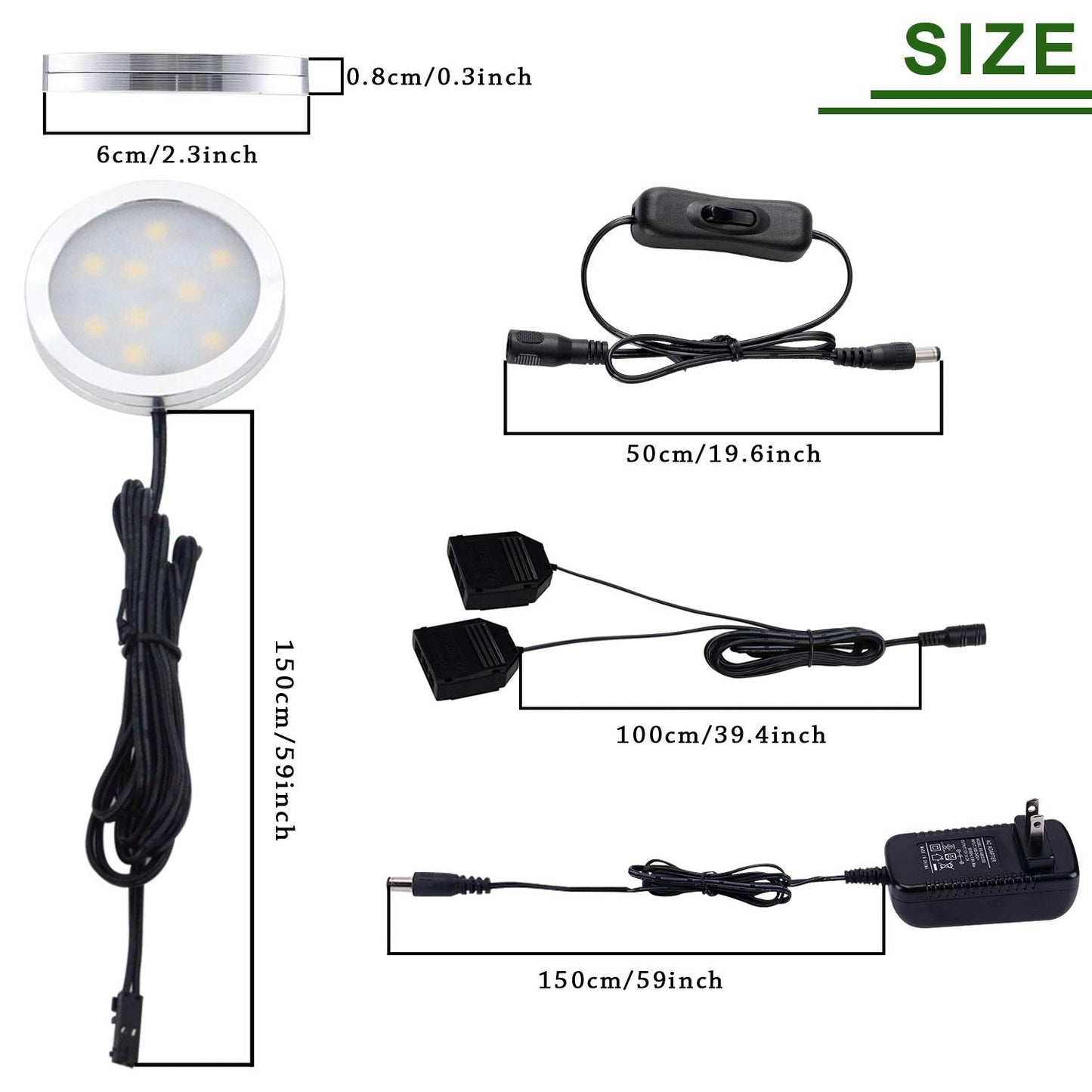 AIBOO 12V LED Under Cabinet Lights Kit 6 Pack Black Cord Aluminum Puck Lamps for Kitchen Counter Closet Lighting with Manual on/Off Switch 12W 6