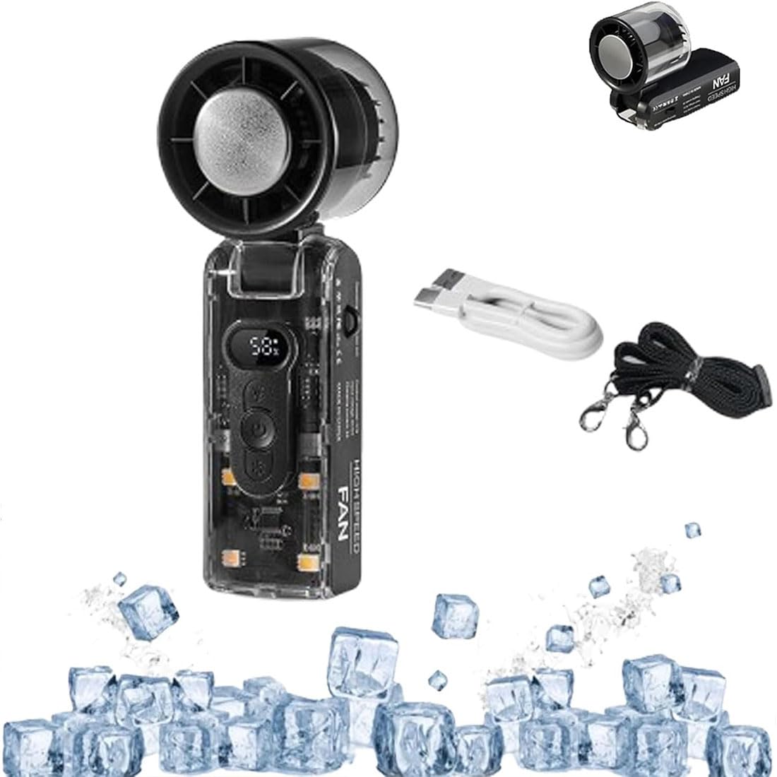 SYLKXE High Power Handheld Fan with Ice Cooler and LED Display, 5000mAh Rechargeable Battery, 6-Speed Turbo Cooling Fan, Portable Travel Essentials