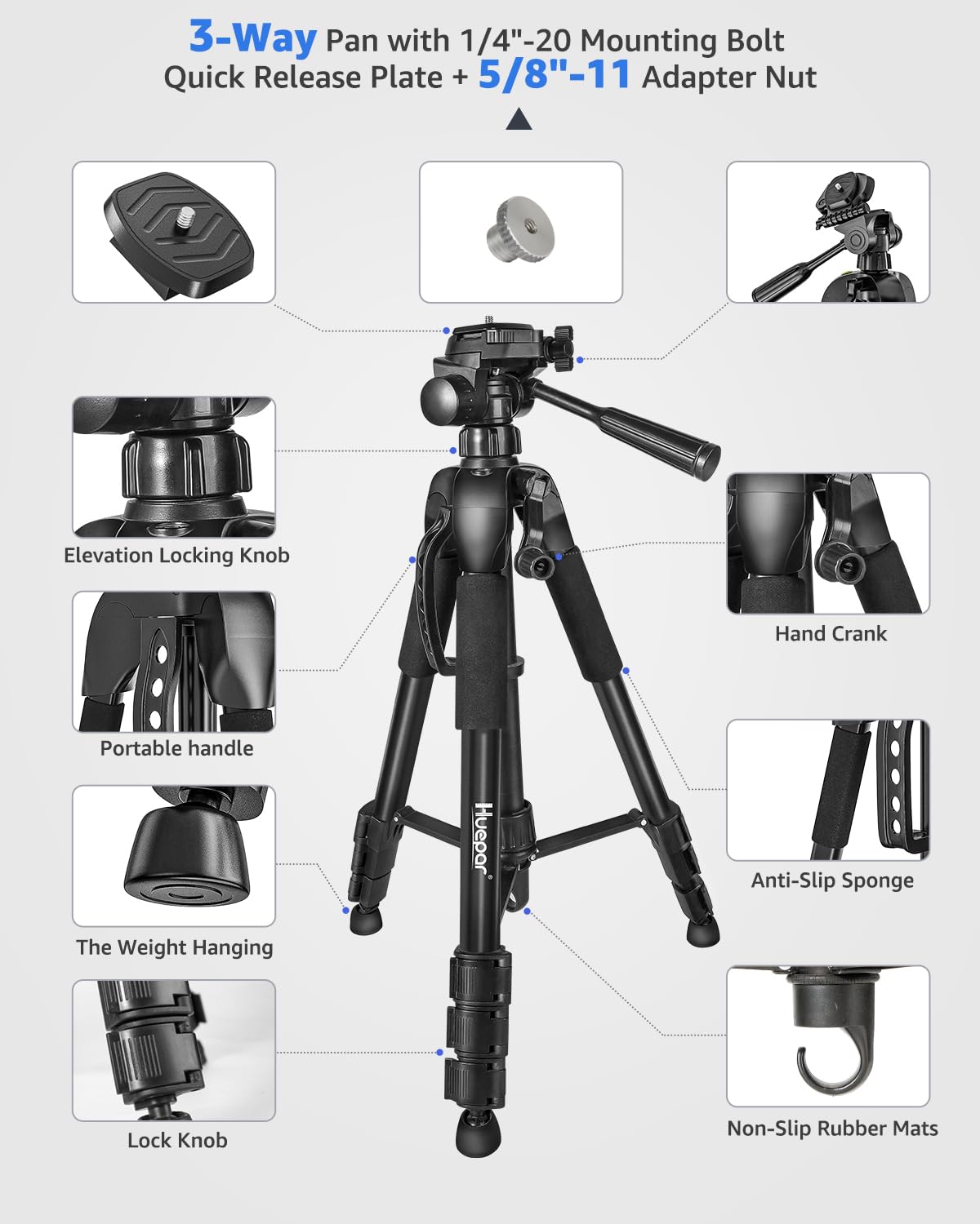 Laser Level Tripod, Huepar 56” Extendable Height Tripod for Line Lasers, Point Lasers, Laser Distance Measures, 1/4" and 5/8" Thread Mount
