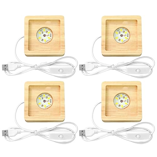 Toyosport 4 Pcs Square LED Light Bases with Wooden Stands, USB Powered, 6 LED Bulbs, 3D Crystal Display Light, Warm Glow, Set for Acrylic, Glass