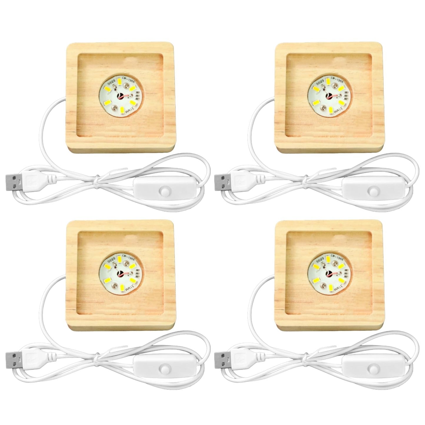 Toyosport 4 Pcs Square LED Light Bases with Wooden Stands, USB Powered, 6 LED Bulbs, 3D Crystal Display Light, Warm Glow, Set for Acrylic, Glass